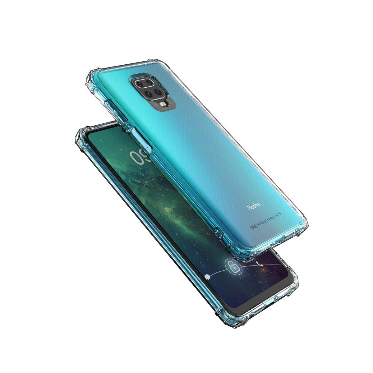 Ein Telefon in einer transparenten Hülle, das die Rückseite und den Bildschirm zeigt.