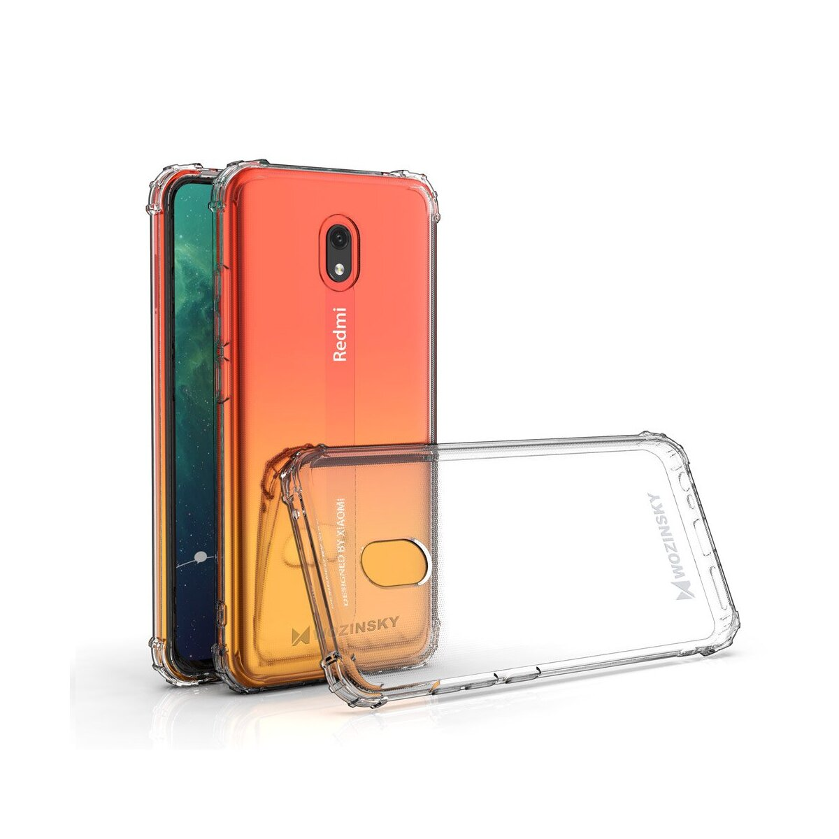 Redmi-Telefon und transparente Handyhülle. Das Telefon hat einen orange-gelben Farbverlauf.