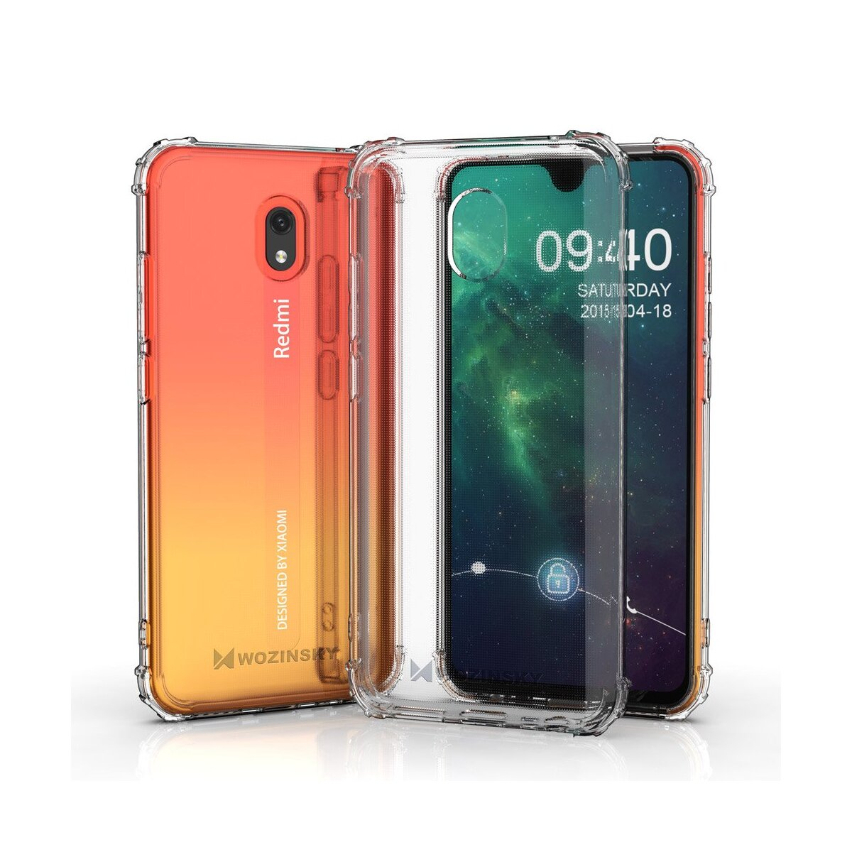 Drei Handyhüllen, eine auf einem Redmi-Telefon, zwei weitere zur Ansicht, klar und orangefarbener Farbverlauf mit schwarzer Kamera.