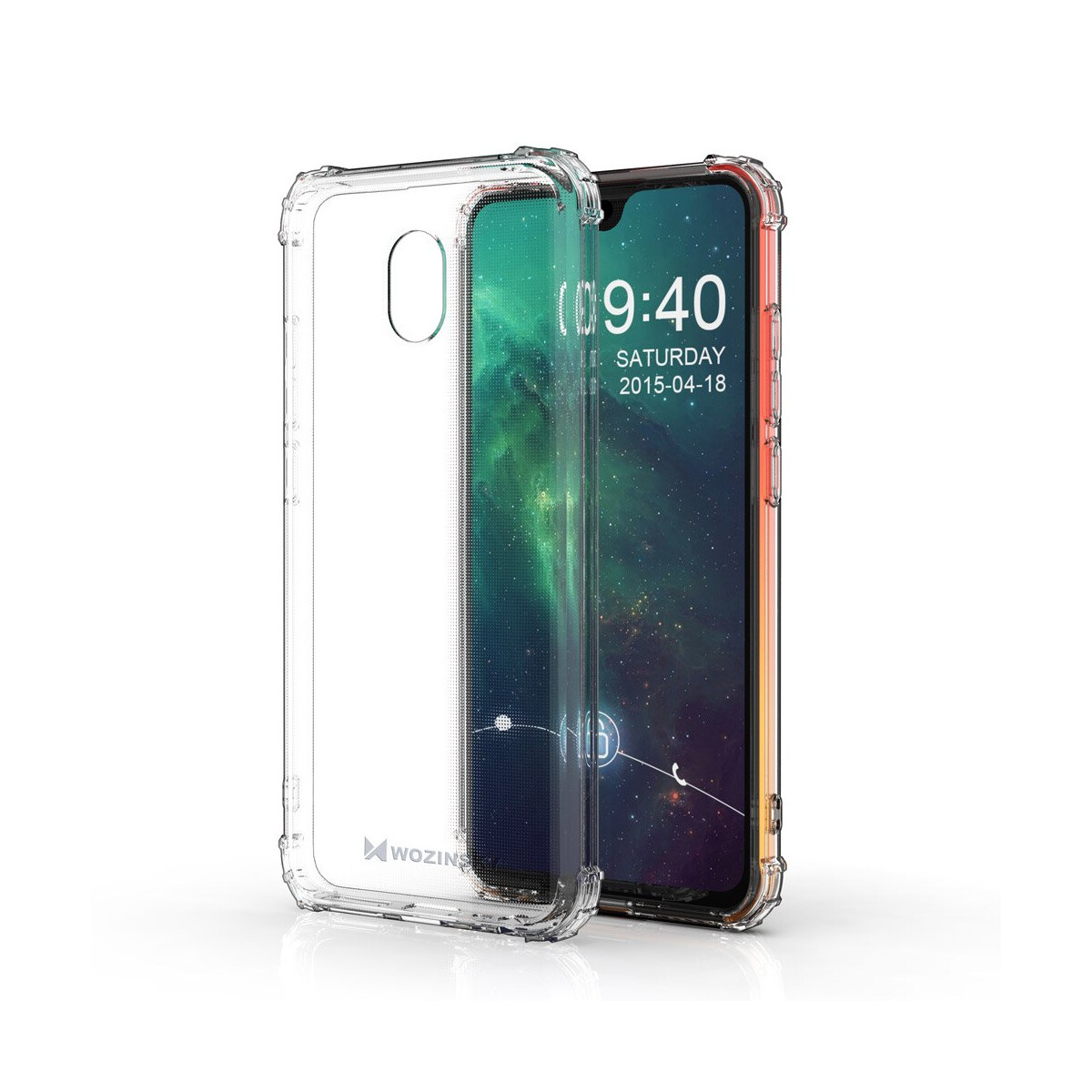 Transparente Handyhülle mit Telefon, zeigt Uhrzeit und Datum auf dem Bildschirm.
