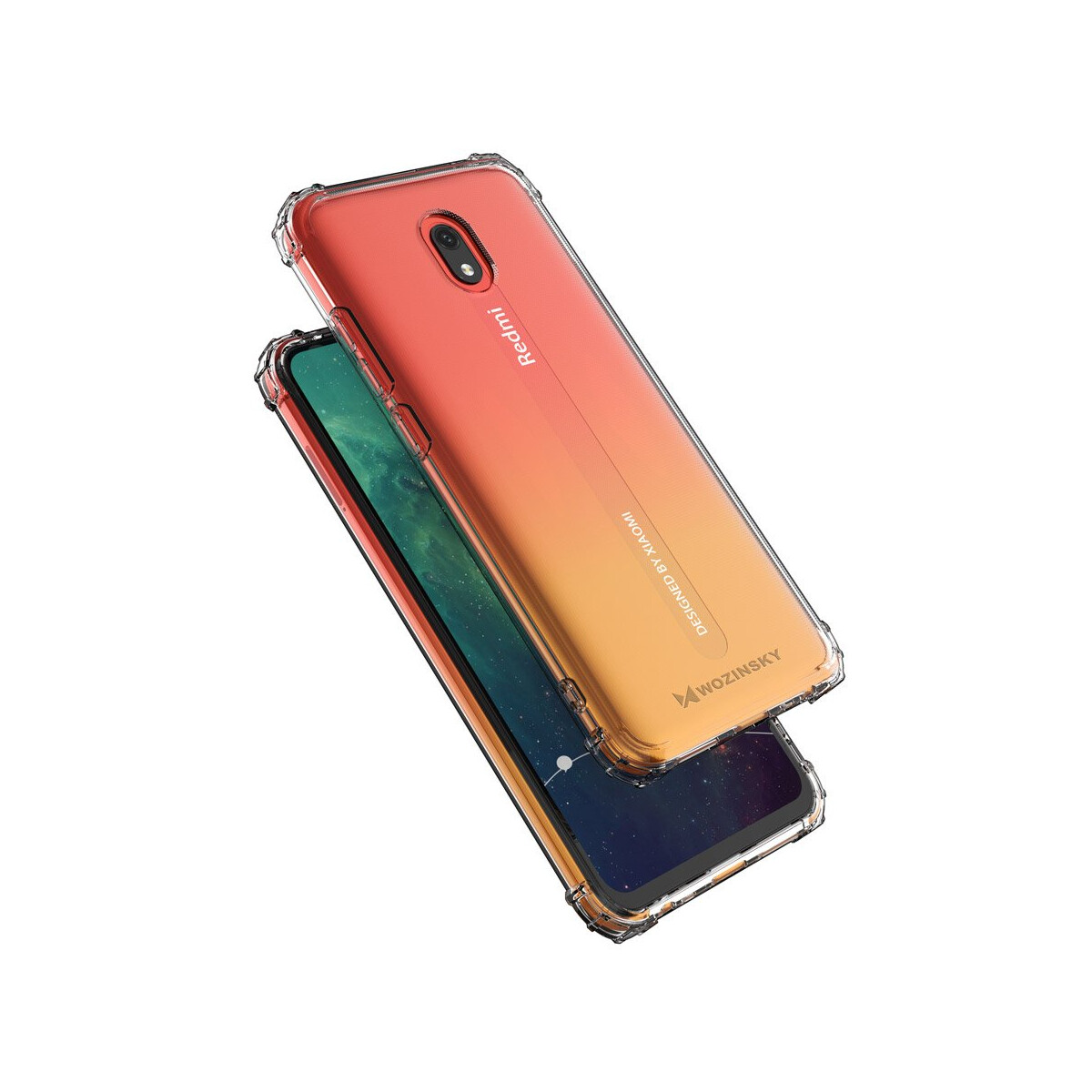 Redmi-Telefon mit Farbverlauf-Hülle. Telefon ist schwarz und orange. Die Hülle ist transparent und schützend.
