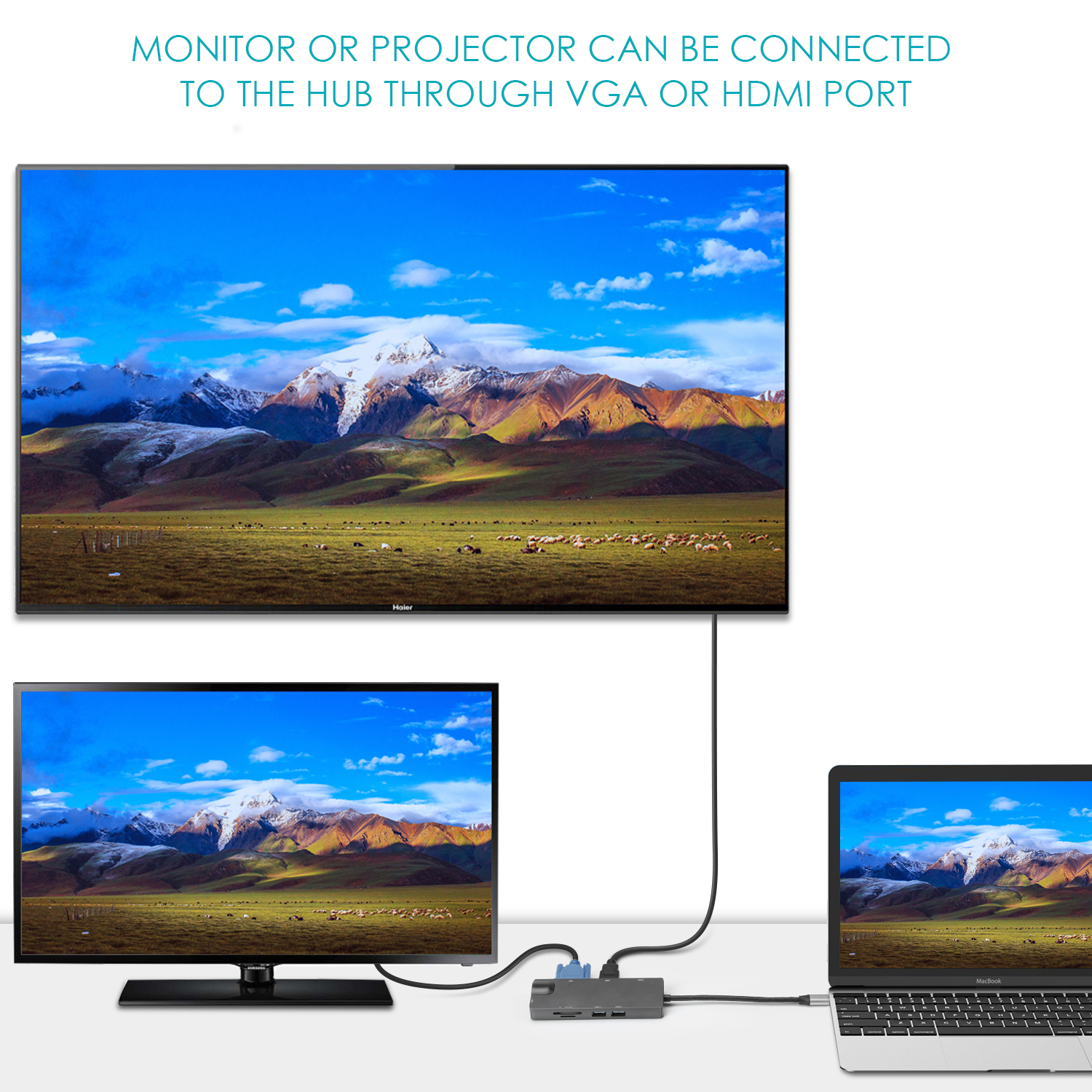 Telewizor i dwa monitory podłączone do huba, z laptopem.