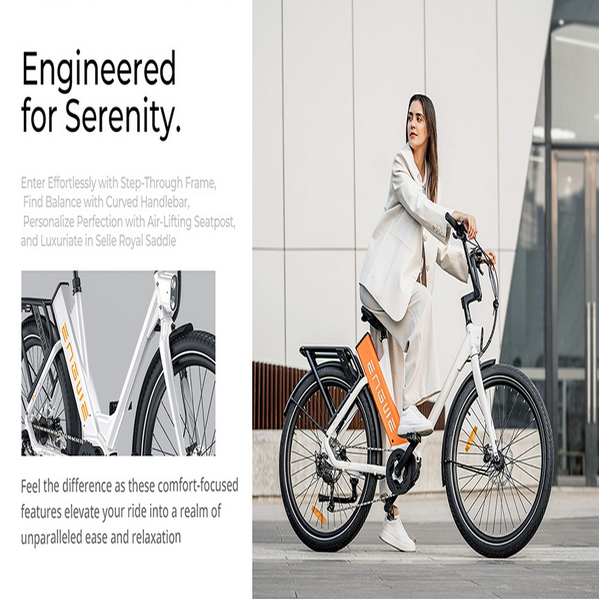 Donna che guida una e-bike ENGWE bianca e arancione su una strada asfaltata. Testo: 'Engineered for Serenity'.