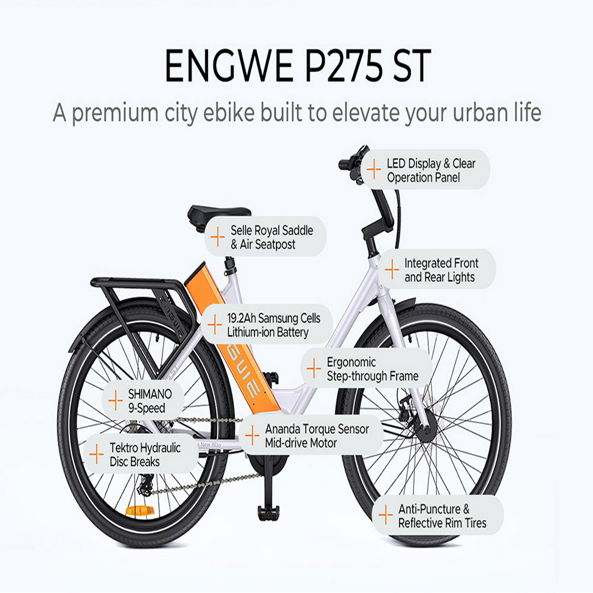 E-bike Engwe P275 ST bianca. Caratteristiche: Shimano a 9 velocità, freni a disco e display a LED.