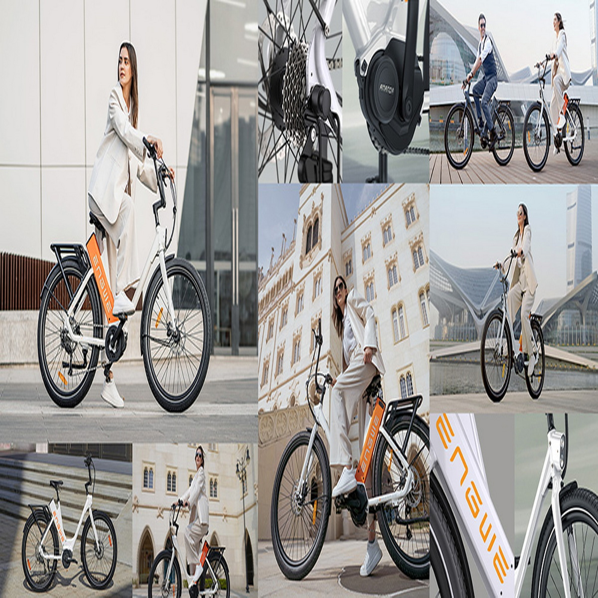 Collage di una donna con bicicletta bianca. Scena include dettagli della città e bici.