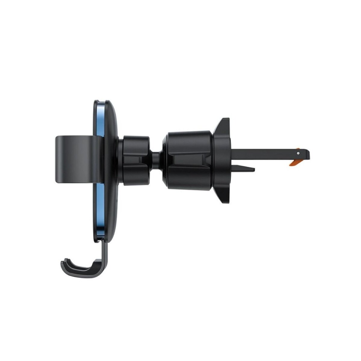 Zwarte telefoonhouder voor een auto met een zuignap en een uitschuifbare arm.