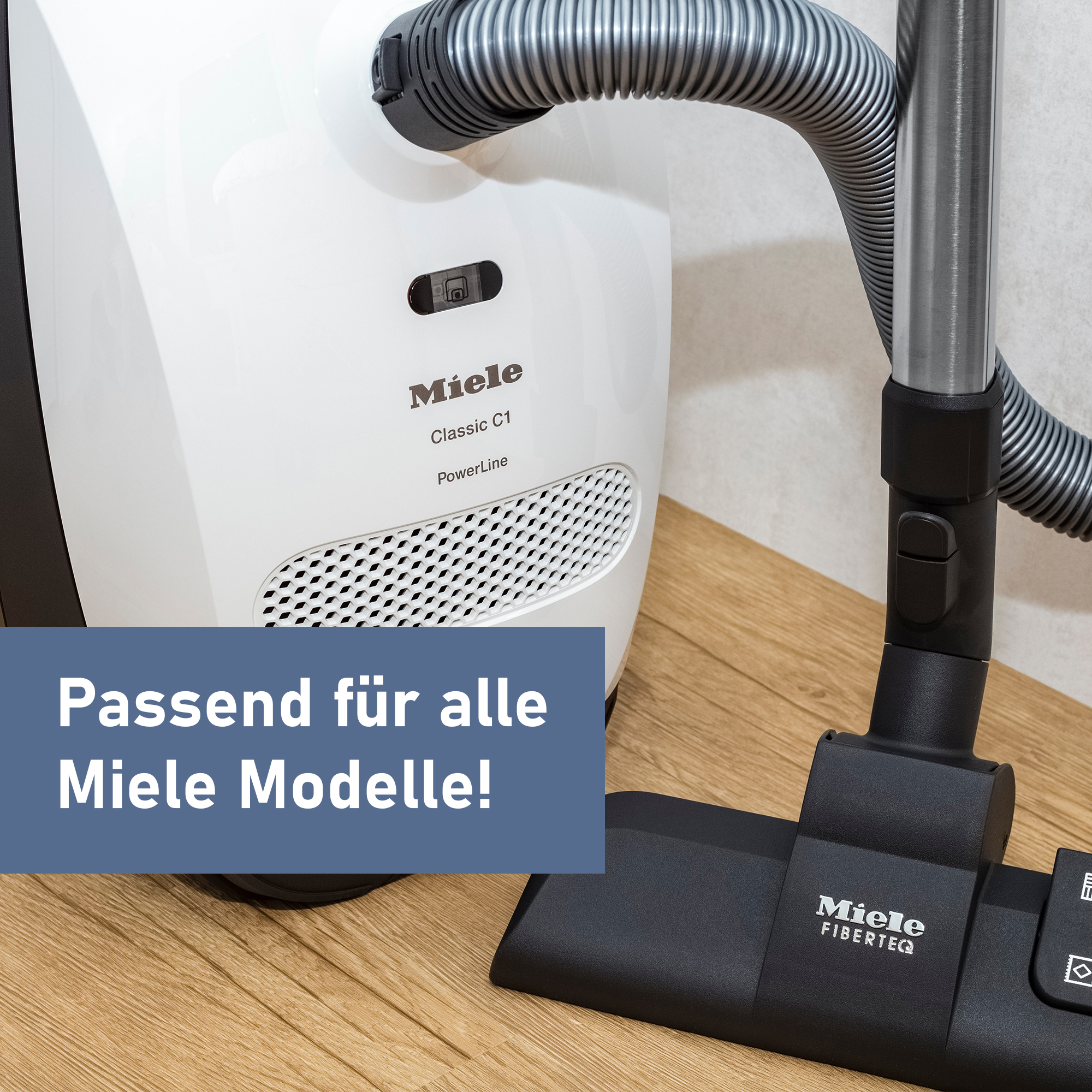 Staubsauger und Komponenten mit Text: 'Passend für alle Miele Modelle!'.