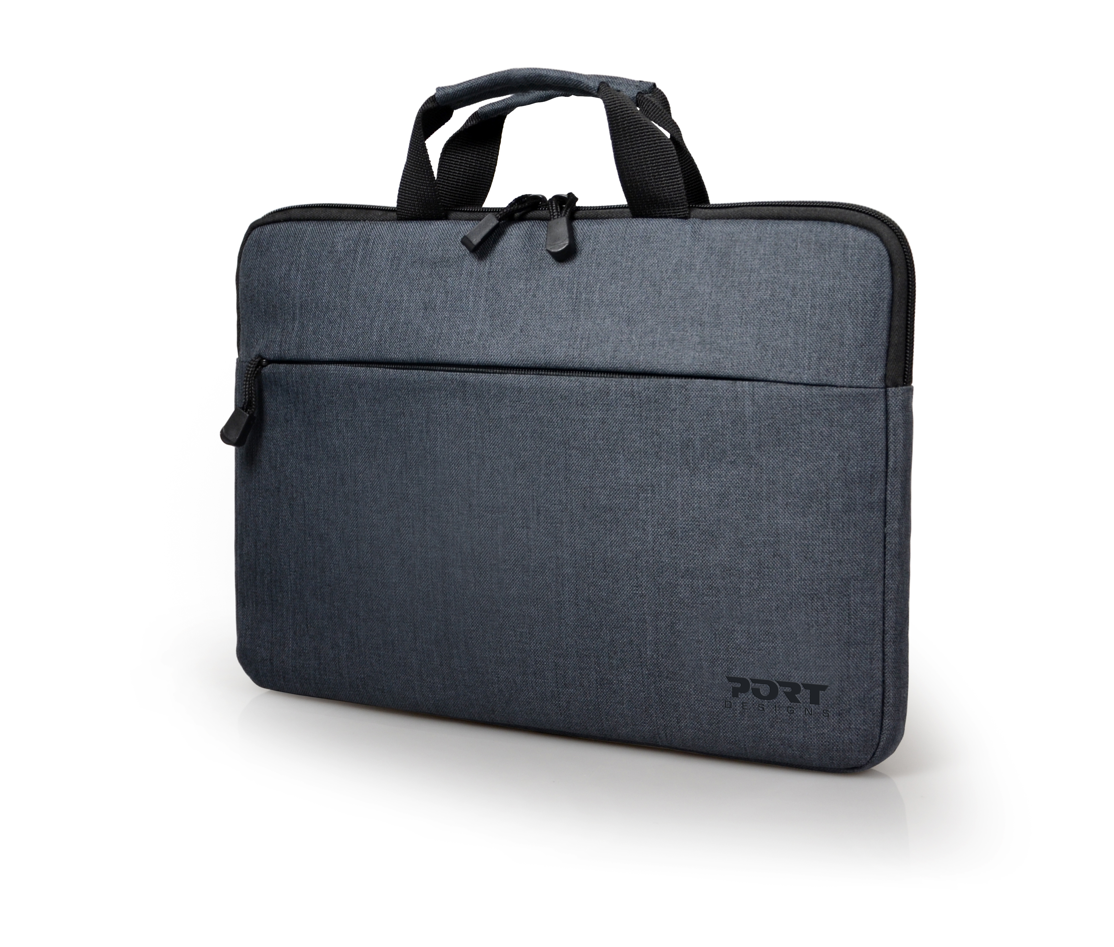 Un sac pour ordinateur portable gris foncé avec une poignée et le mot "PORT" imprimé sur le devant.