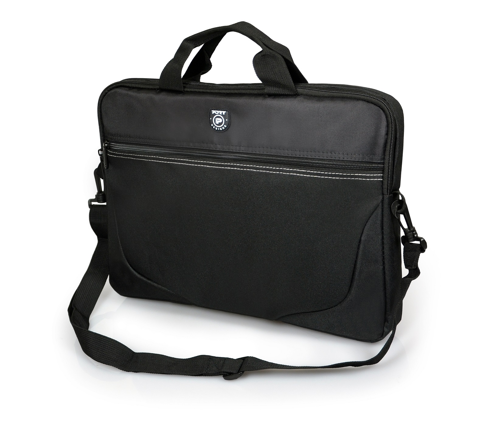 Borsa per laptop nera con tracolla e manico, su sfondo bianco.