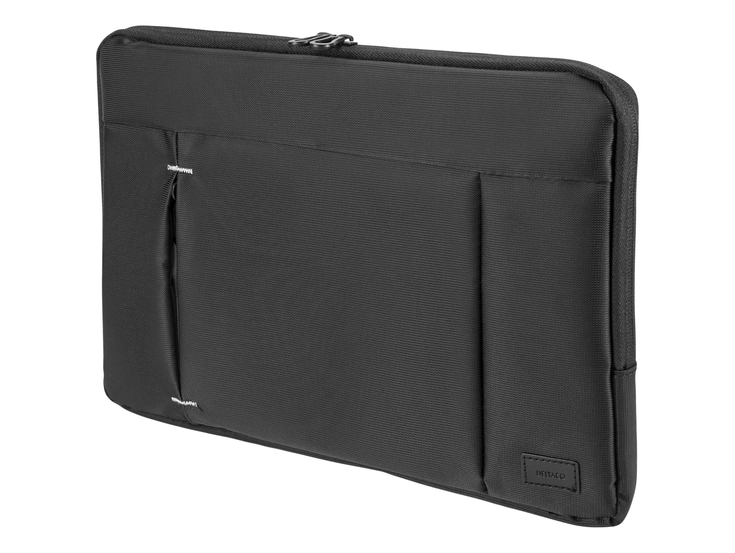Custodia per laptop nera con cerniere. La custodia ha una superficie strutturata e un'etichetta. Sfondo bianco.