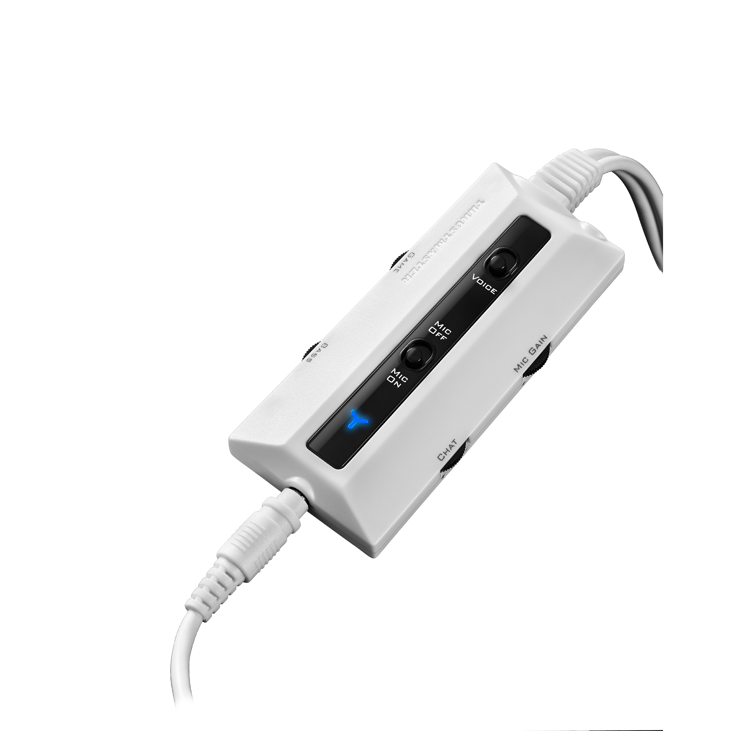 Mezclador de audio blanco con botones e interruptores. El mezclador tiene un interruptor de encendido/apagado de micrófono.