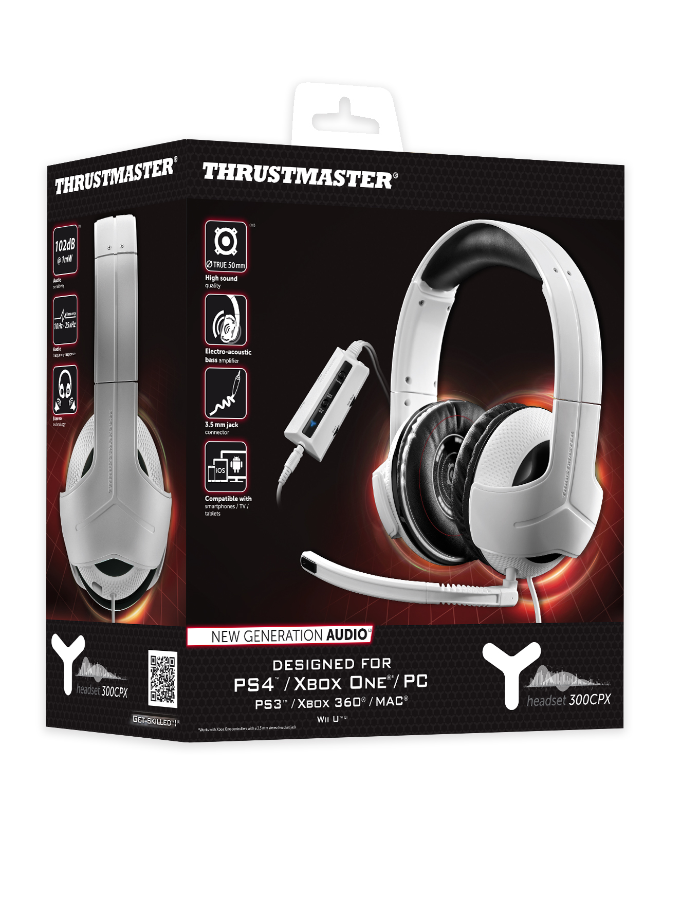 Auriculares para juegos blancos y grises en una caja, con características enumeradas. Fondo blanco.