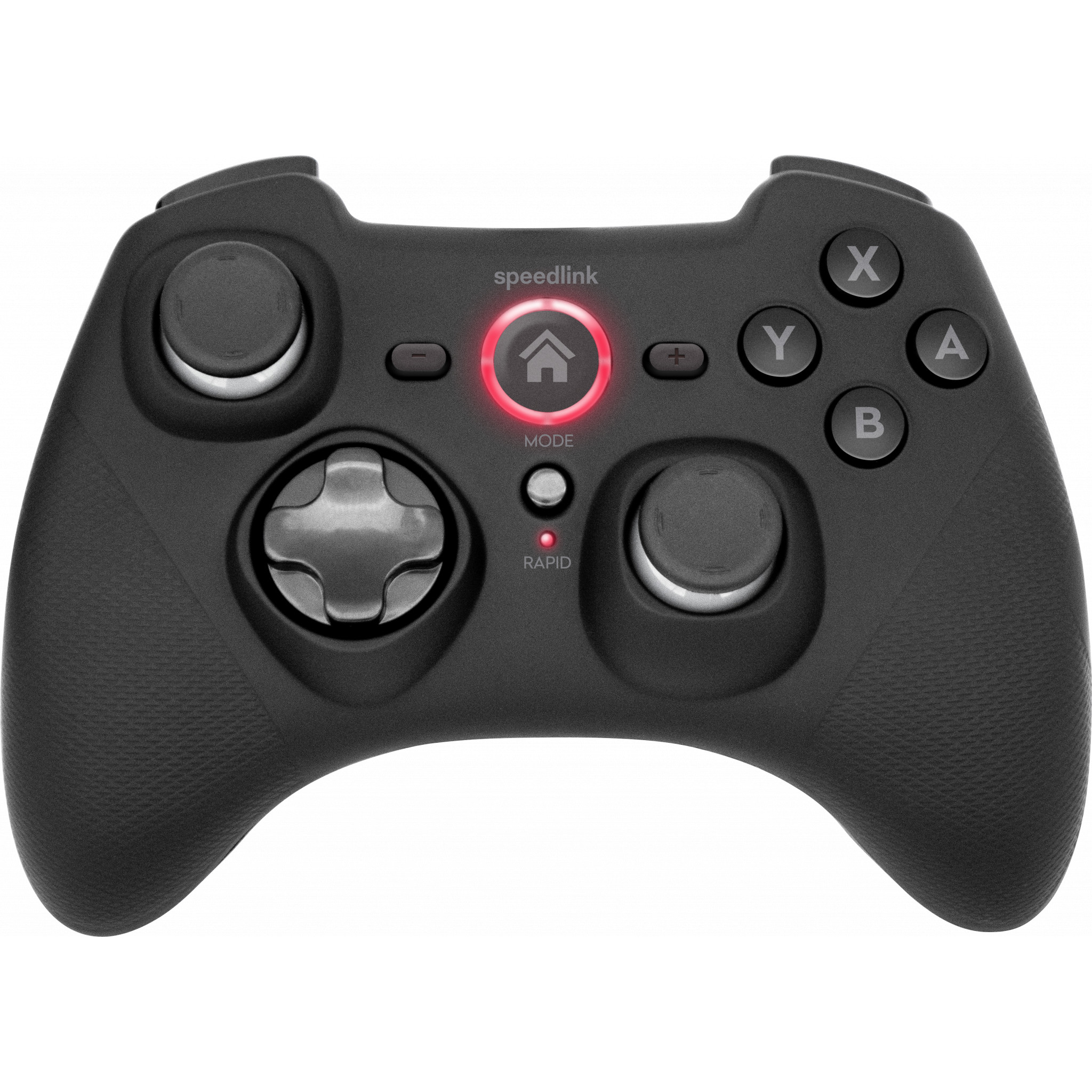 Gamepad Speedlink nero. Pulsanti X, Y, A, B. Tasti Home, modalità, rapido. Luce rossa.