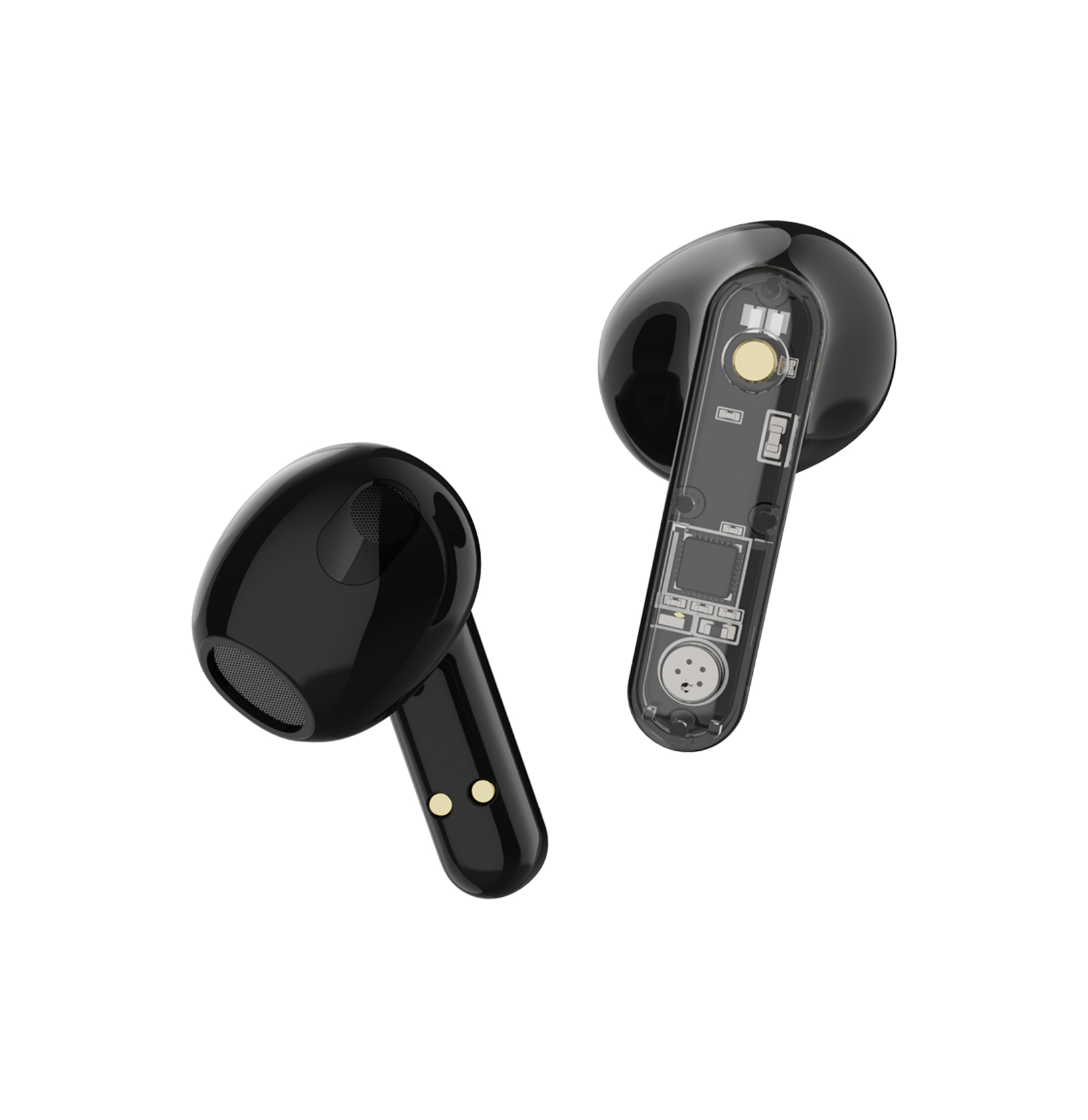 Due auricolari wireless neri, uno mostra i componenti interni, su sfondo bianco.