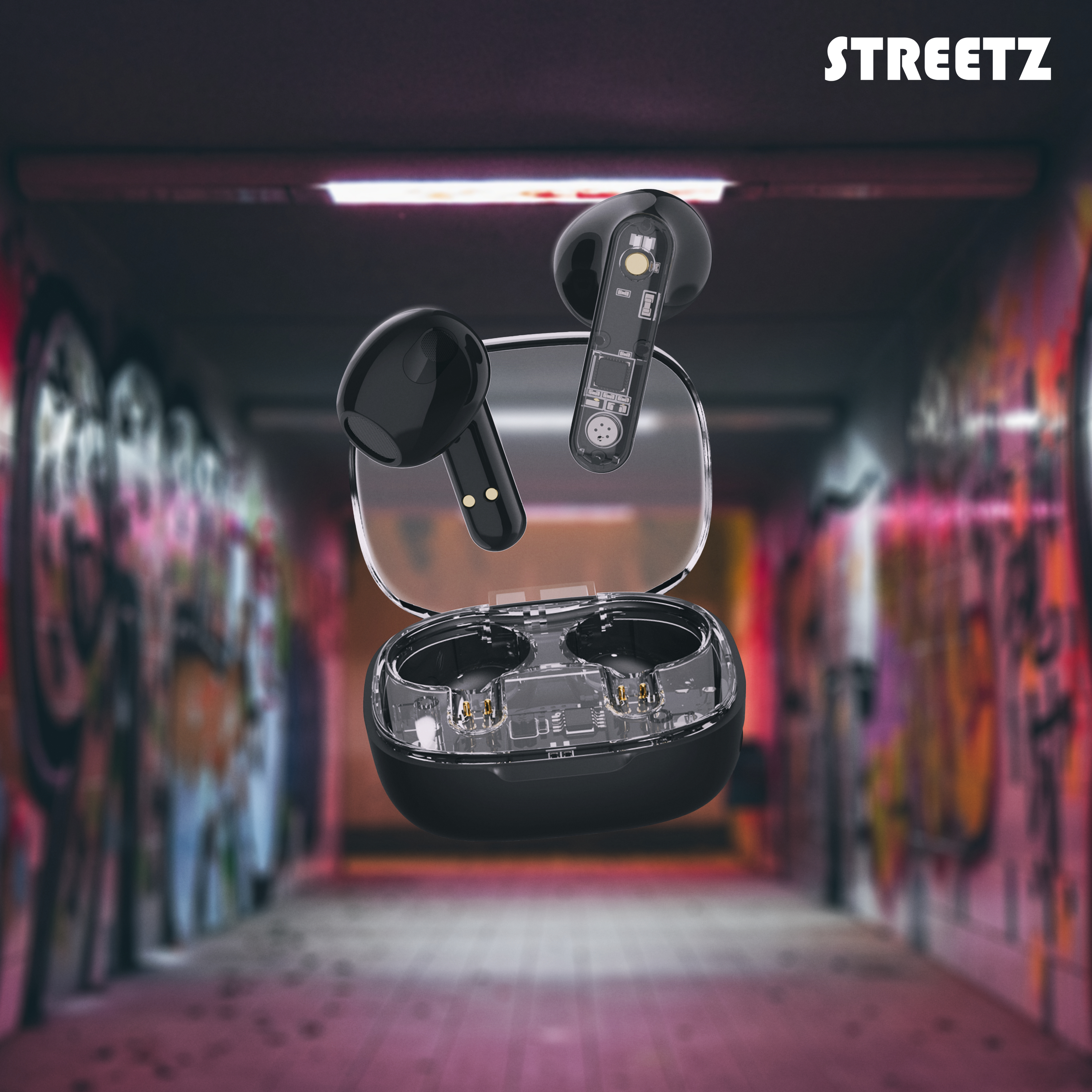 Auricolari wireless neri in una custodia di ricarica trasparente, con sfondo di graffiti e testo STREETZ.