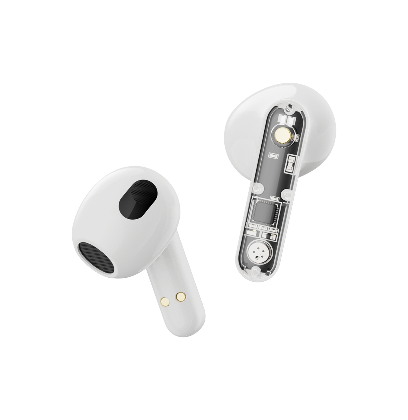 Auricolari wireless bianchi, uno aperto, che mostra i componenti interni, su sfondo bianco.