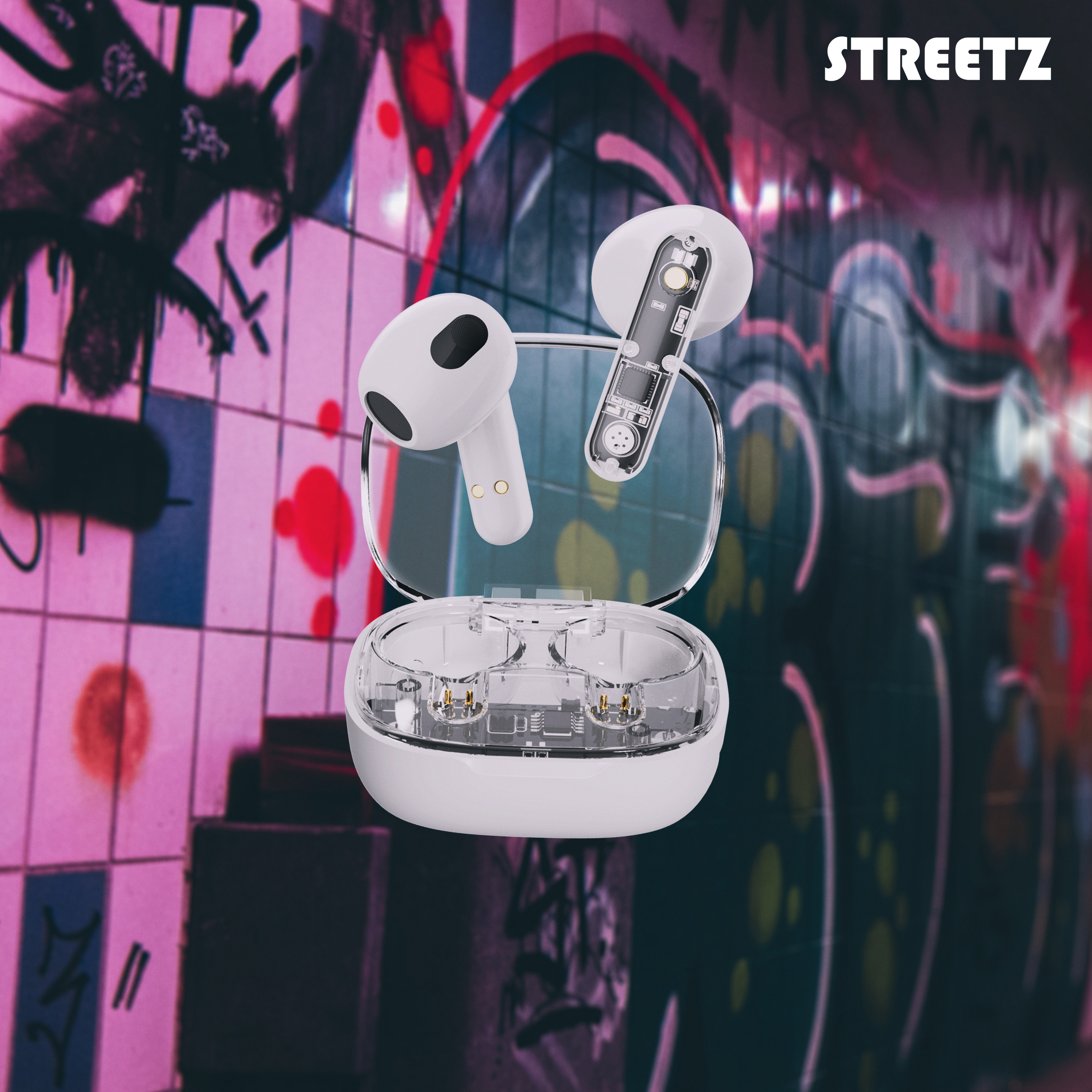 Auricolari bianchi in custodia trasparente con logo 'STREETZ' su sfondo graffiti.