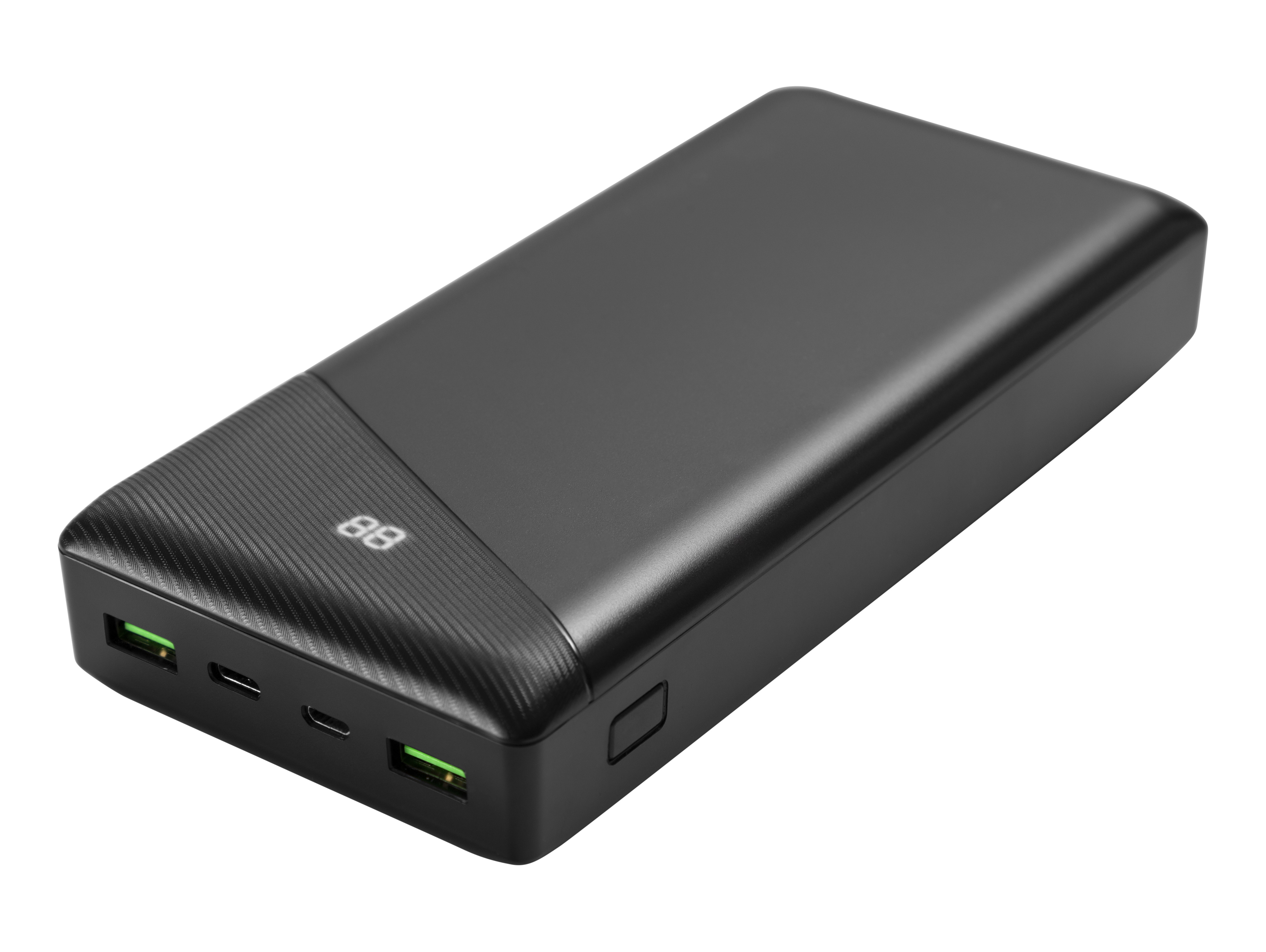 Schwarze Powerbank mit Display und mehreren Anschlüssen. Das Display zeigt '88'. Hat USB-Anschlüsse und einen Power-Knopf.