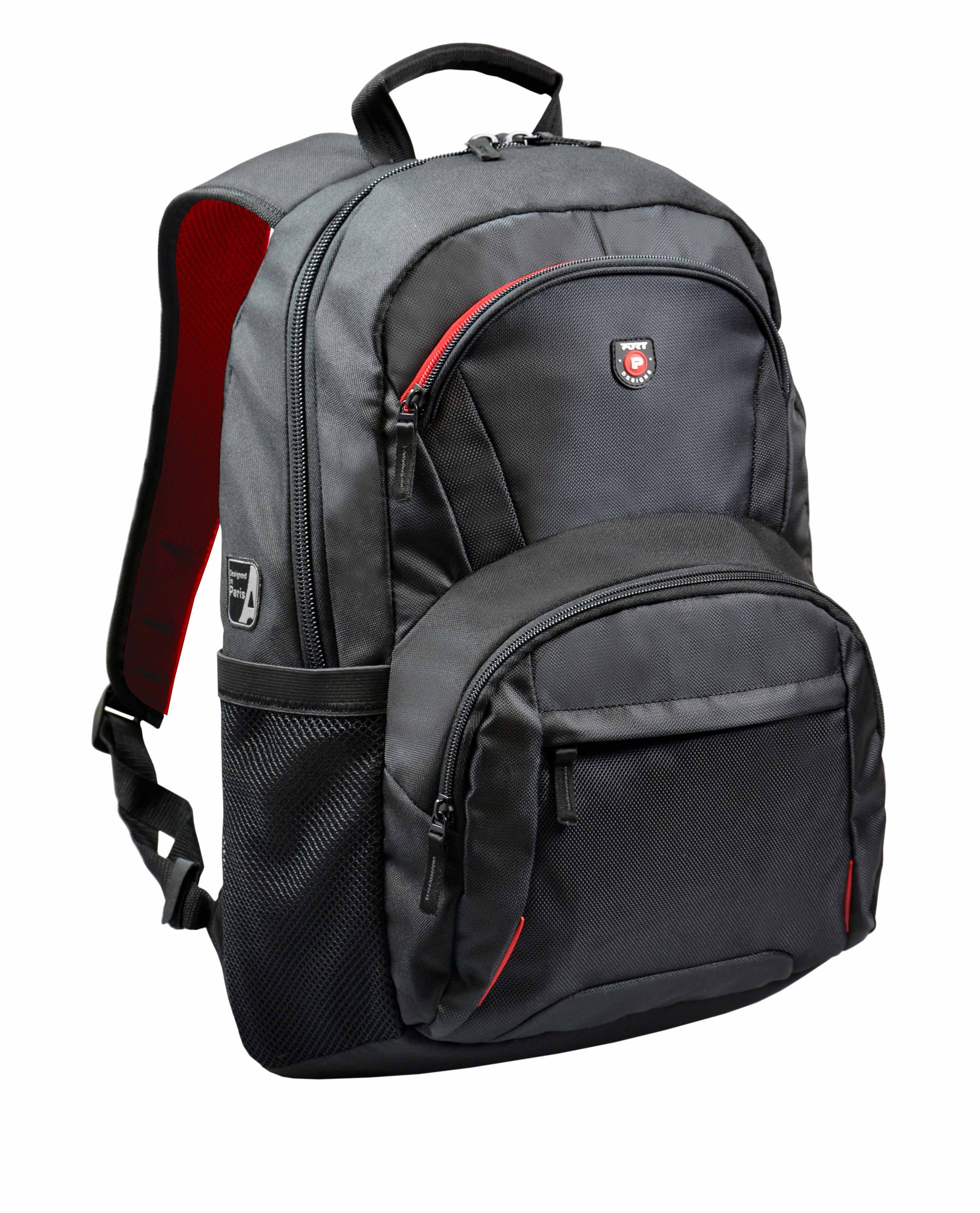 Schwarzer Rucksack mit roten Akzenten. Hat mehrere Taschen und das Port Designs Logo.