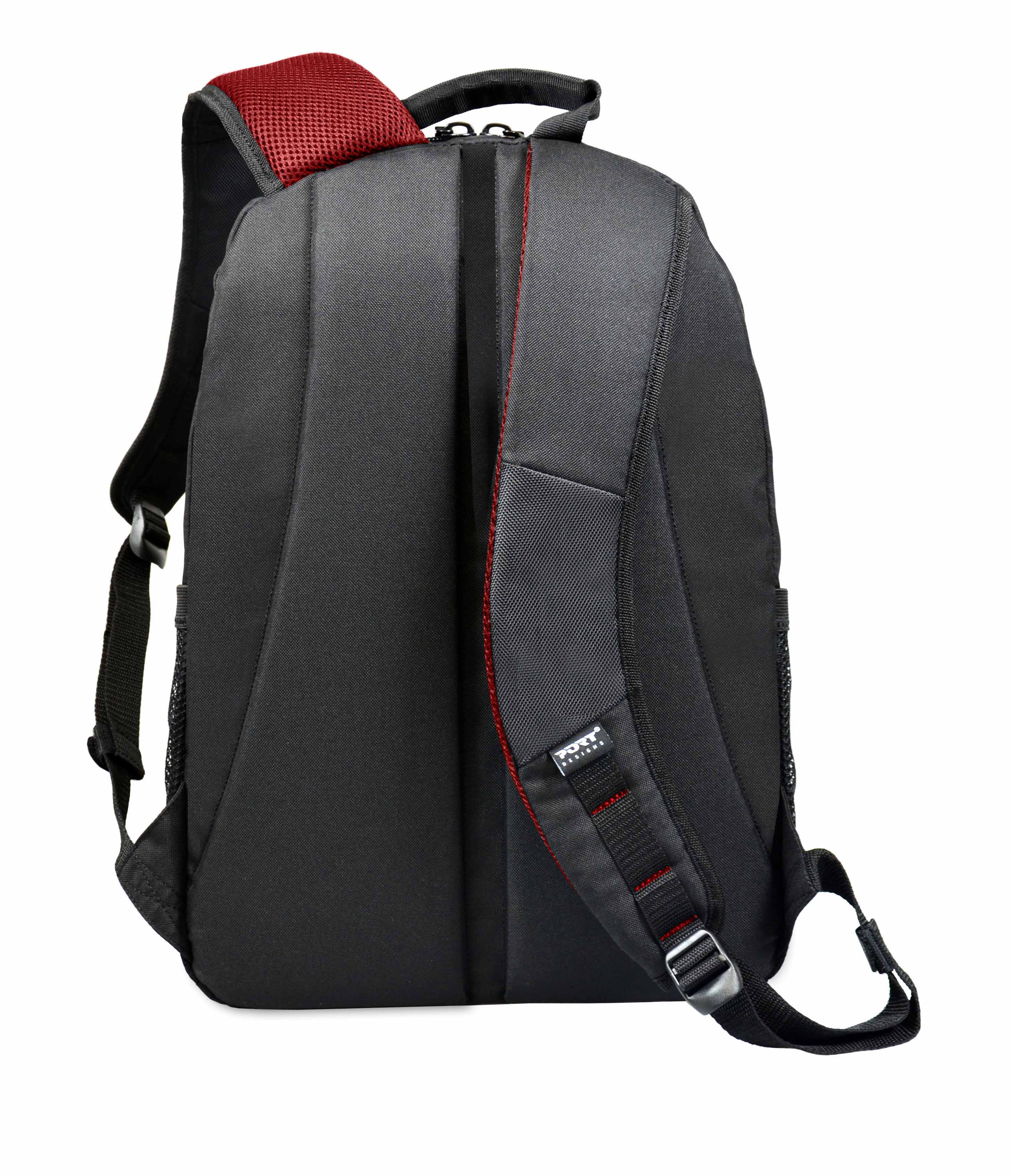 A black backpack with a red mesh back and straps, seen from the back view.