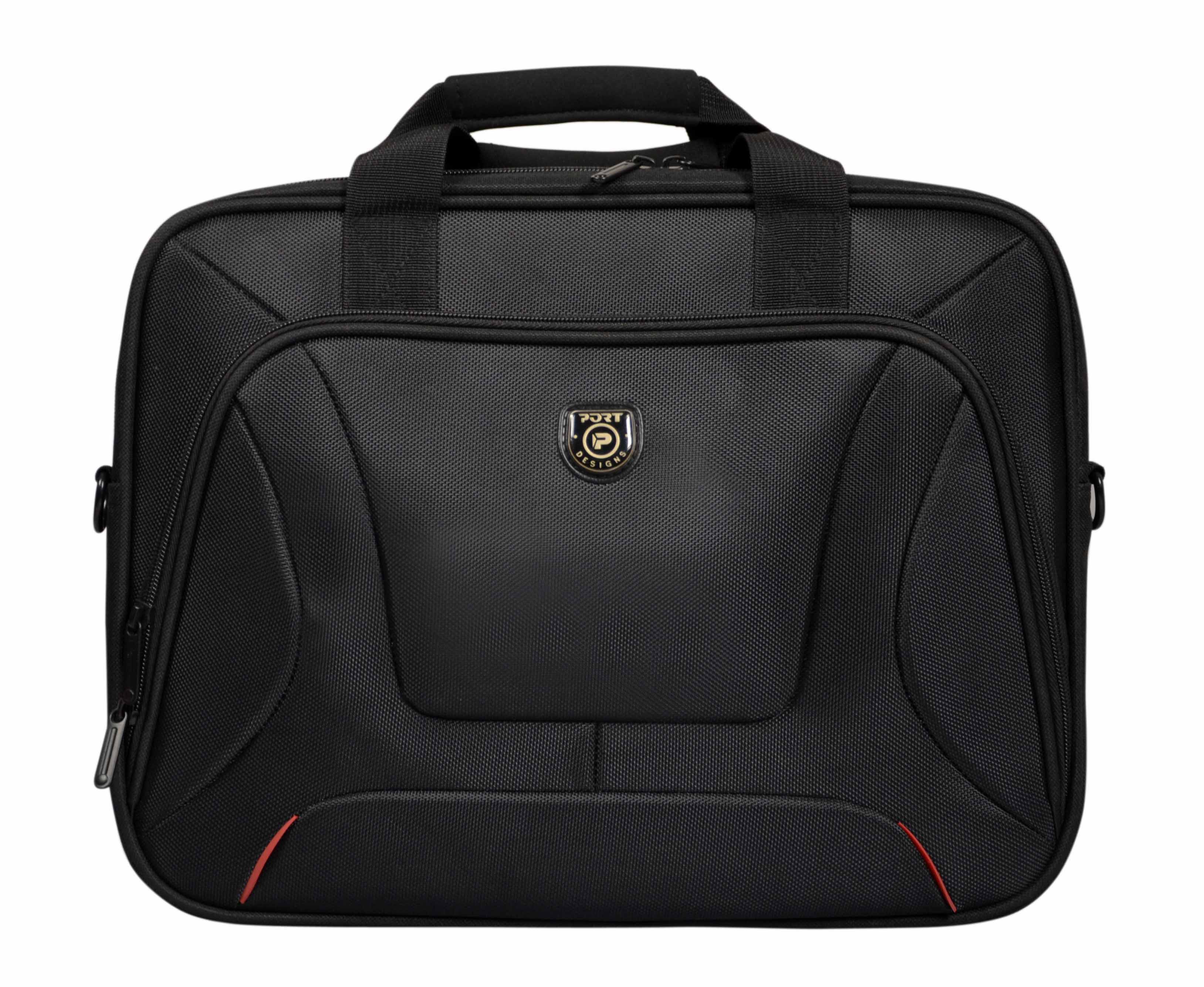 Borsa per laptop nera. Sfondo nero.