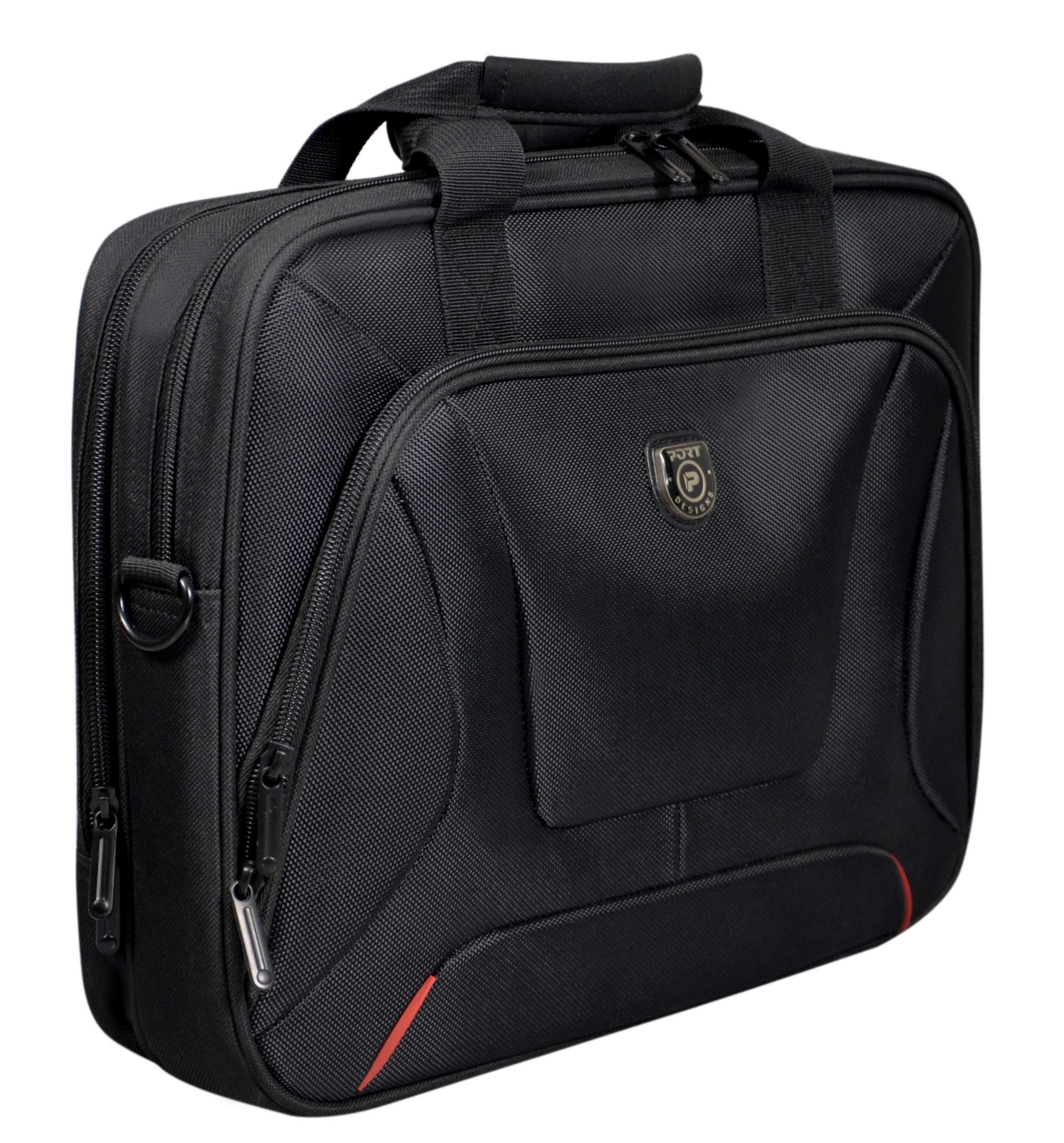 Borsa per laptop nera con manico, cerniere e logo. Ha una striscia rossa sul fondo.