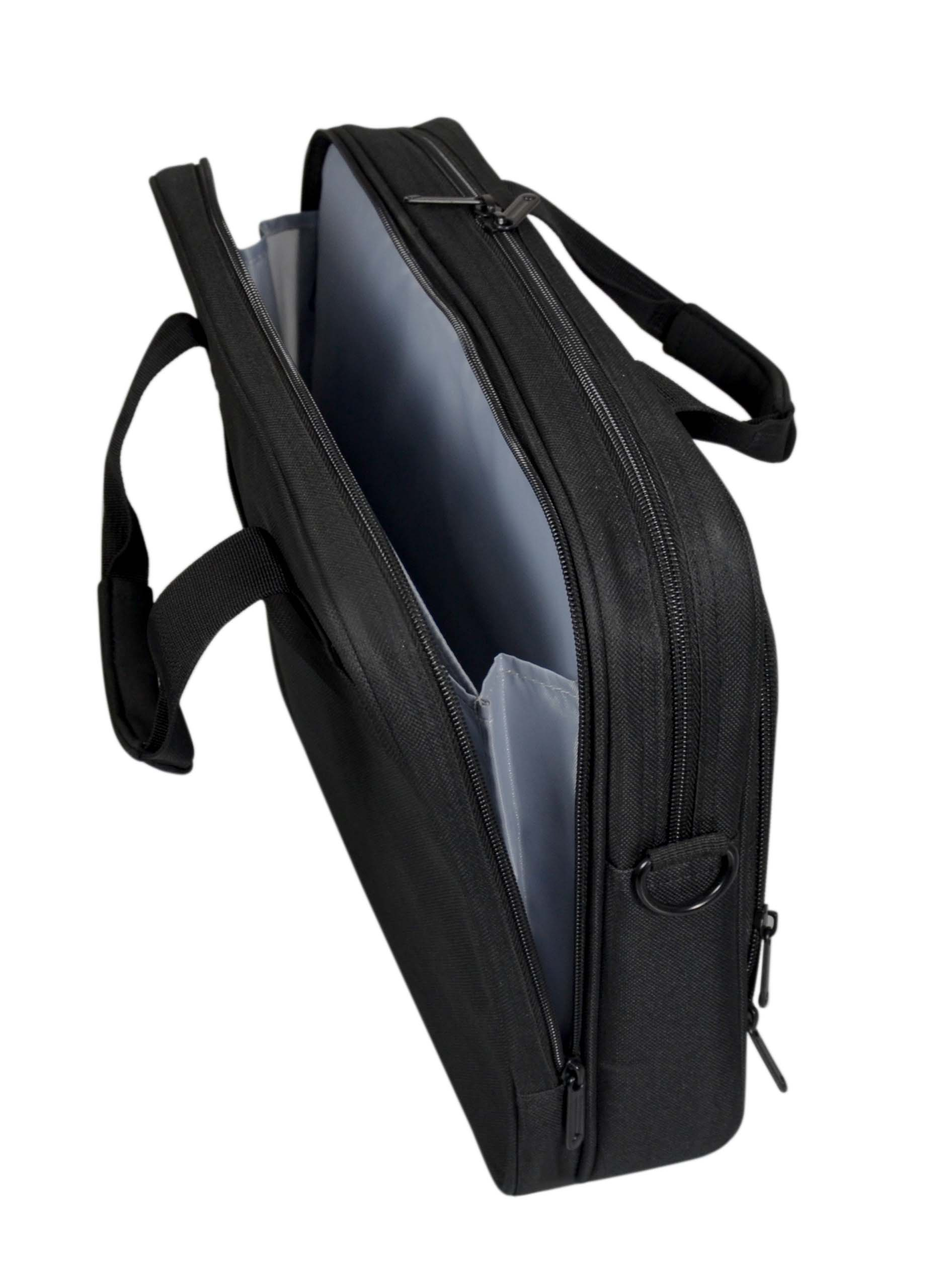 Borsa per laptop nera aperta, che mostra scomparti interni e una chiusura a zip su sfondo bianco.