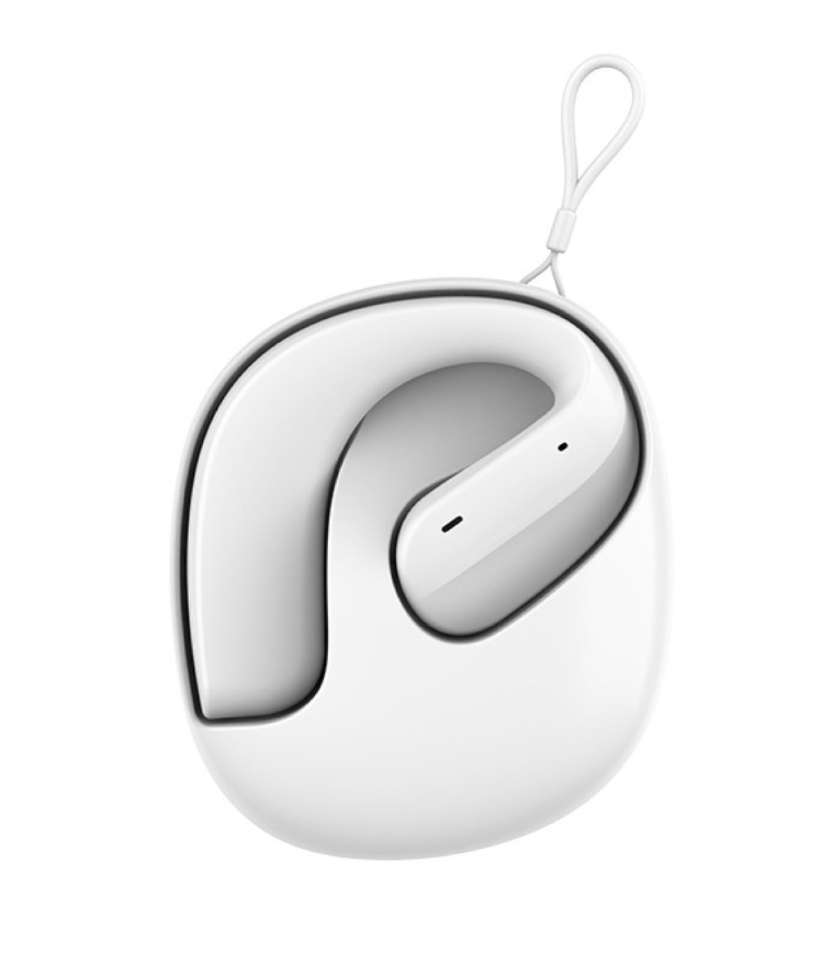 Auricular blanco y redondeado con un lazo y un pequeño agujero. Aislado sobre fondo blanco.