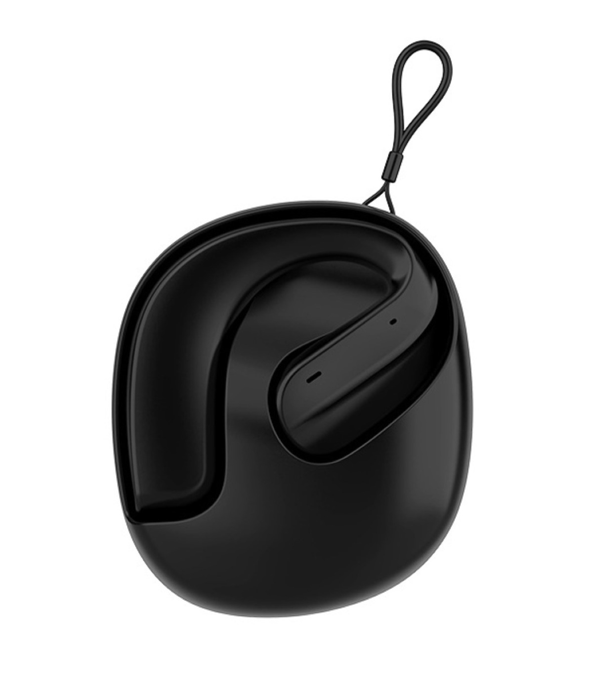 Estuche negro para auriculares con lazo para correa, sobre fondo blanco.