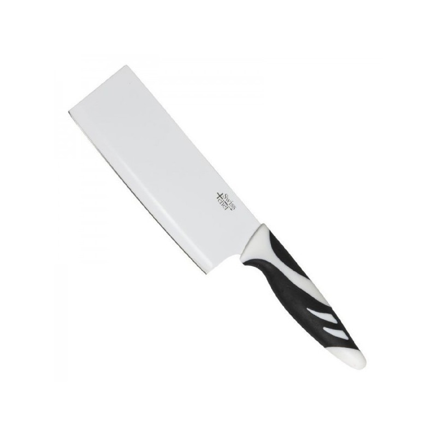 Cuchillo de cocina blanco y negro en ángulo sobre fondo blanco.