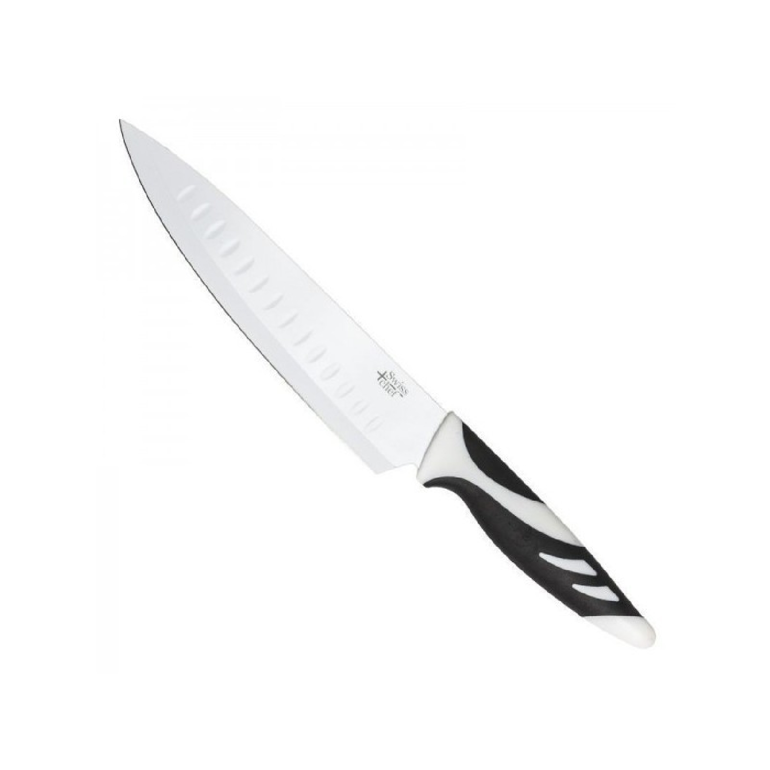 Un cuchillo de chef blanco y negro con una hoja curva y un mango negro.