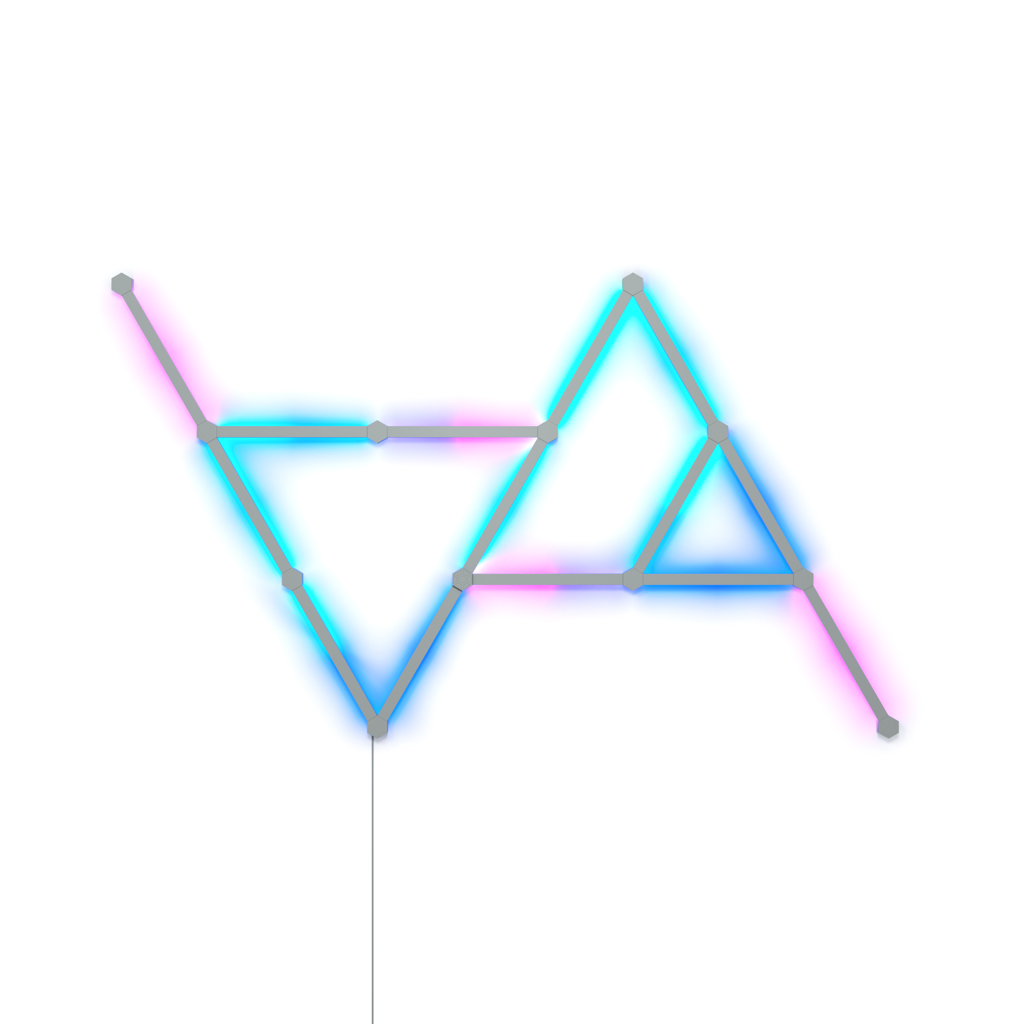 Arte geometrica con luce al neon, linee blu e rosa su sfondo bianco.