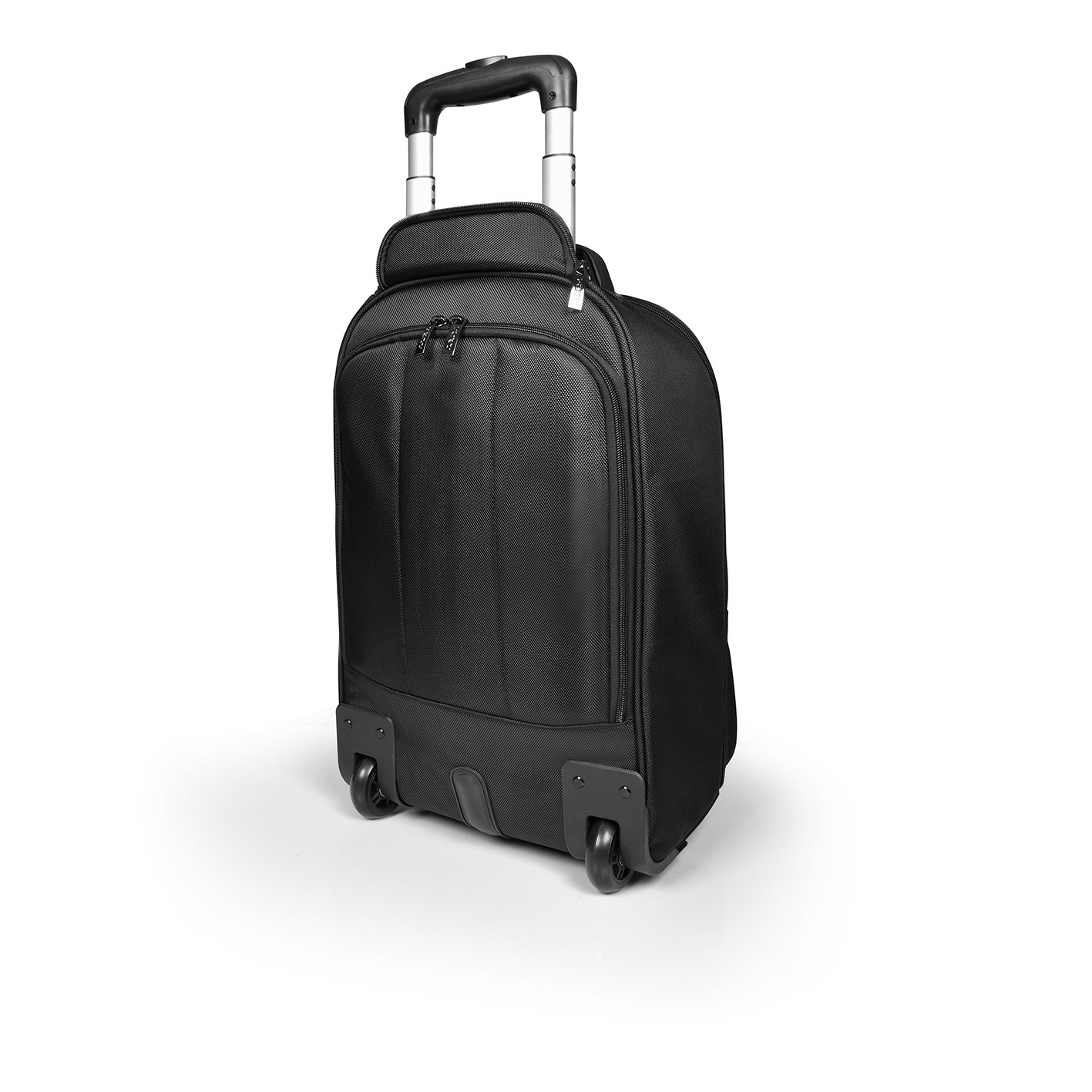 Schwarzer Rollrucksack auf weißer Oberfläche, Räder sichtbar. Silberner Griff eingezogen.