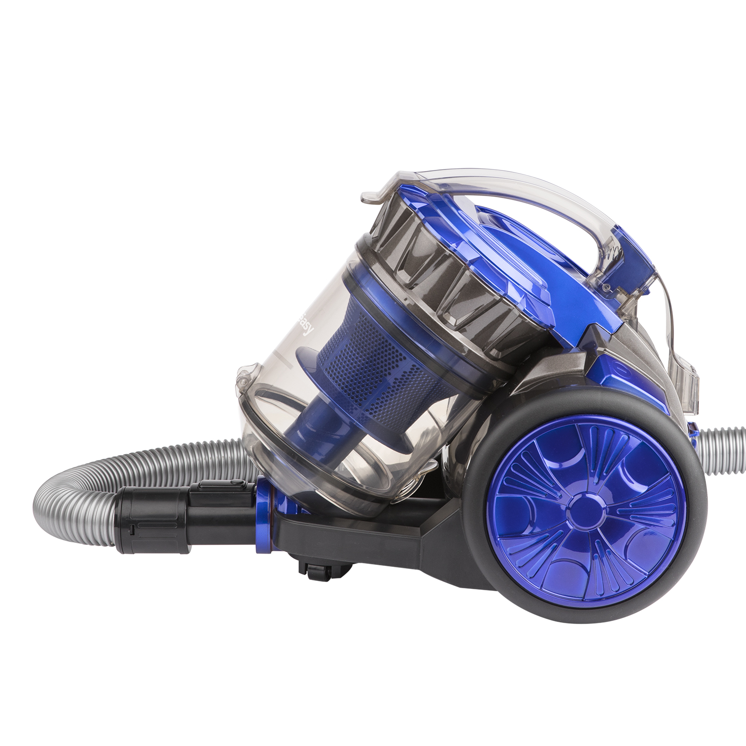 Niebieski i czarny odkurzacz na białym tle, widok z boku.