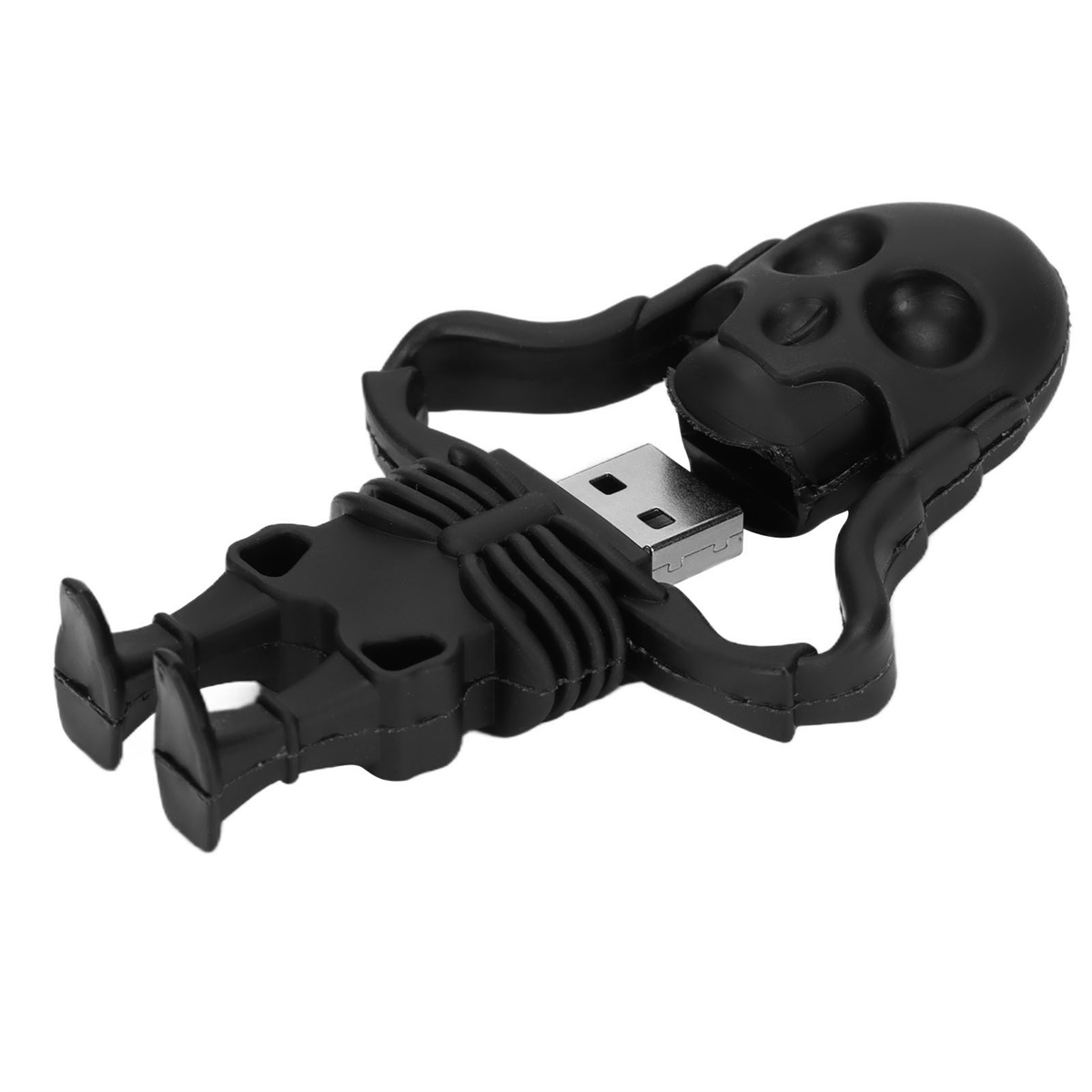 Schwarzer USB-Stick in Skelettform. Der USB-Anschluss ist sichtbar.