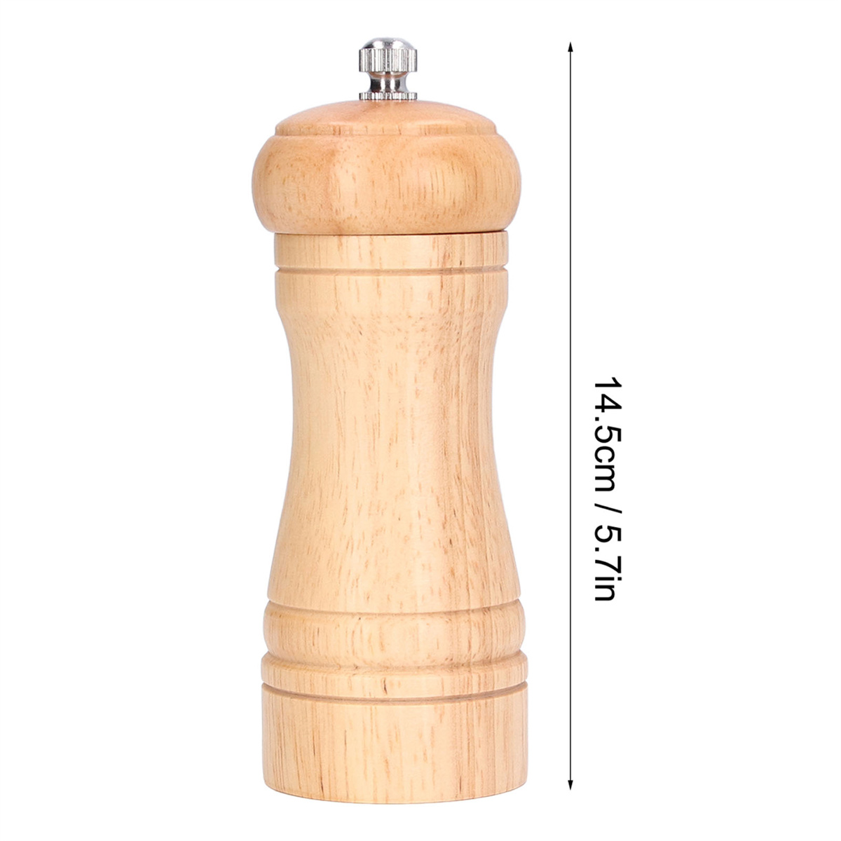 Hölzerne Pfeffermühle mit Metallaufsatz, beschriftet mit den Maßen 14,5 cm/5,7 Zoll.