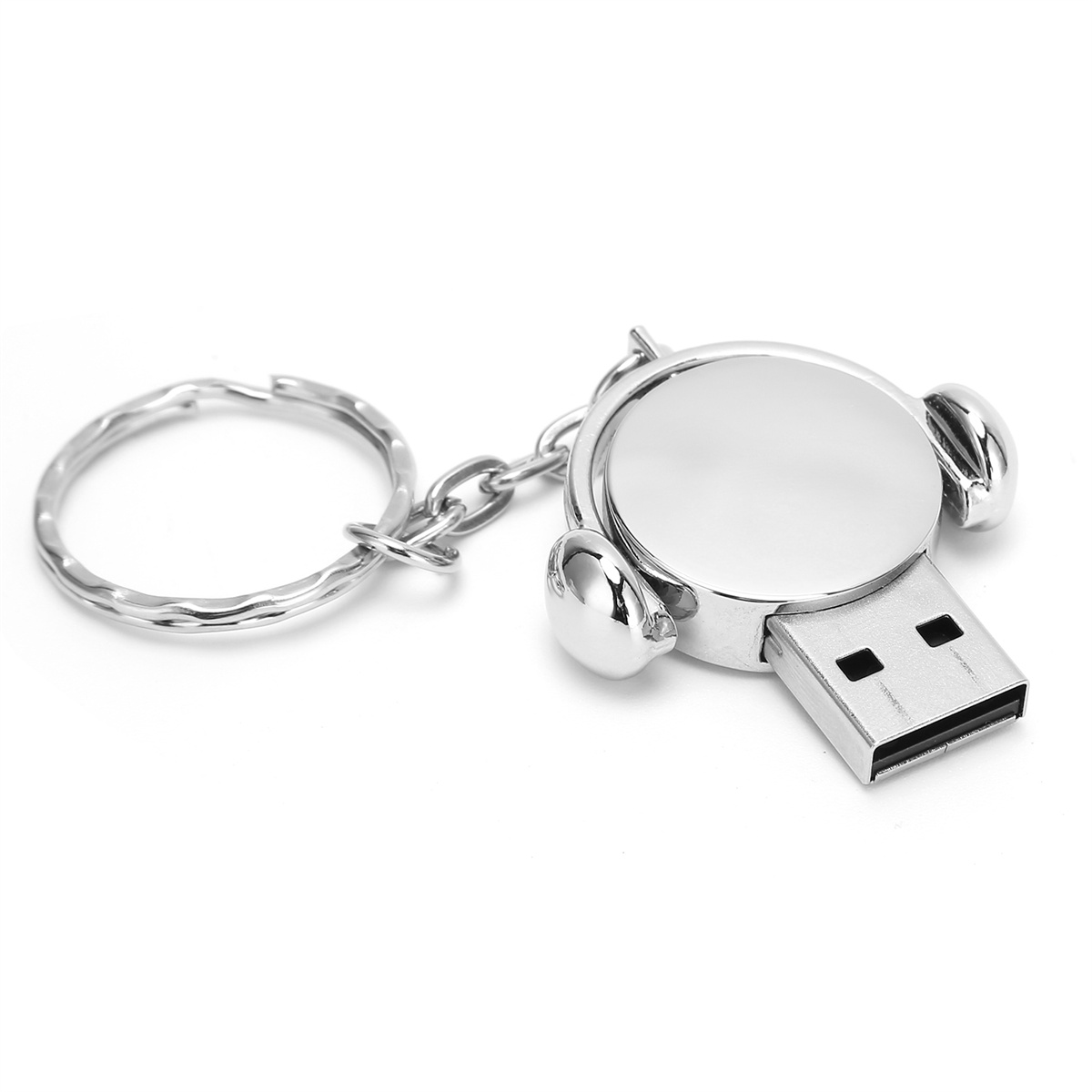 Ein silberner USB-Stick mit Schlüsselring-Aufsatz auf weißem Hintergrund.