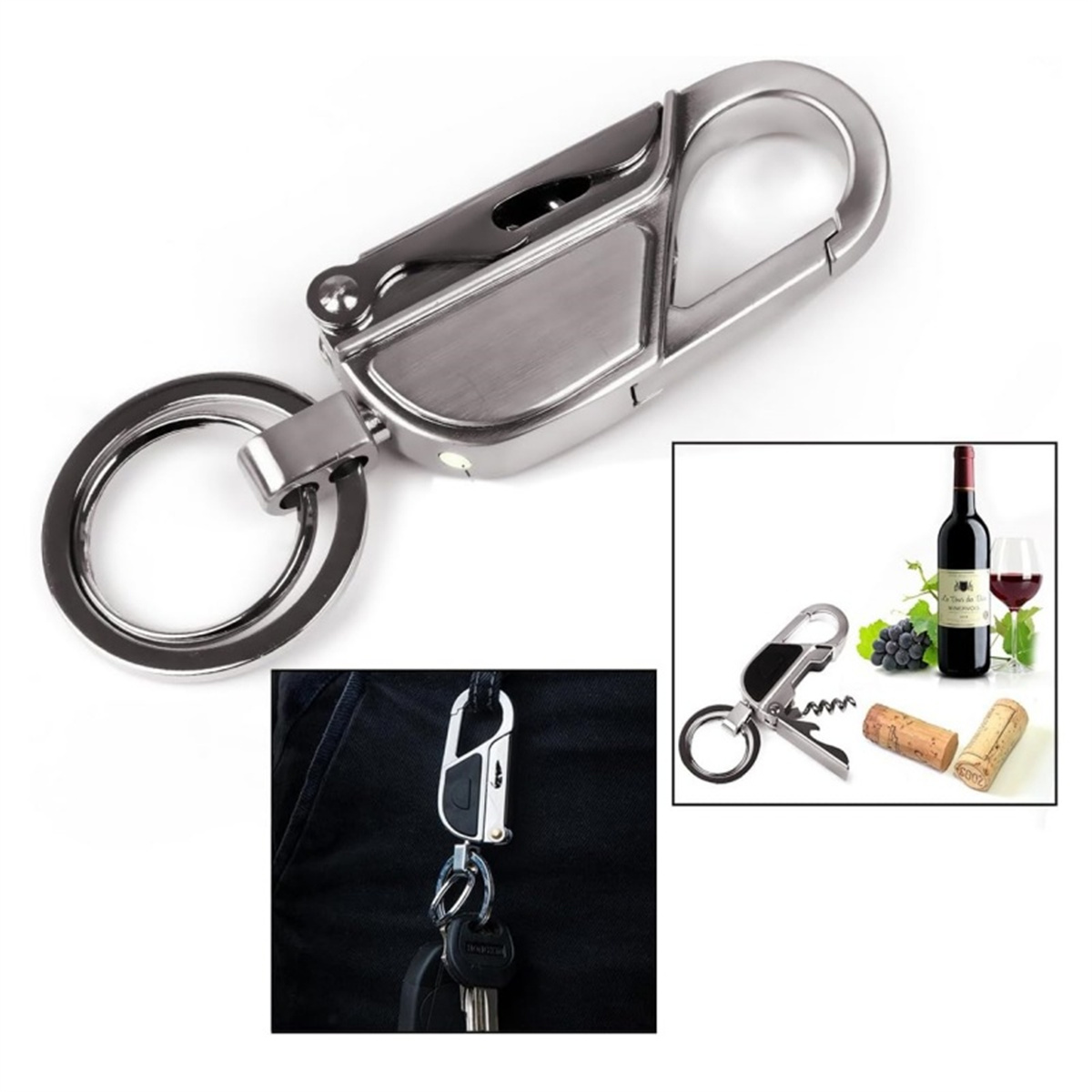 Ein Schlüsselanhänger mit Karabiner und Weinöffner, und ein separates Bild mit Wein und Korken.