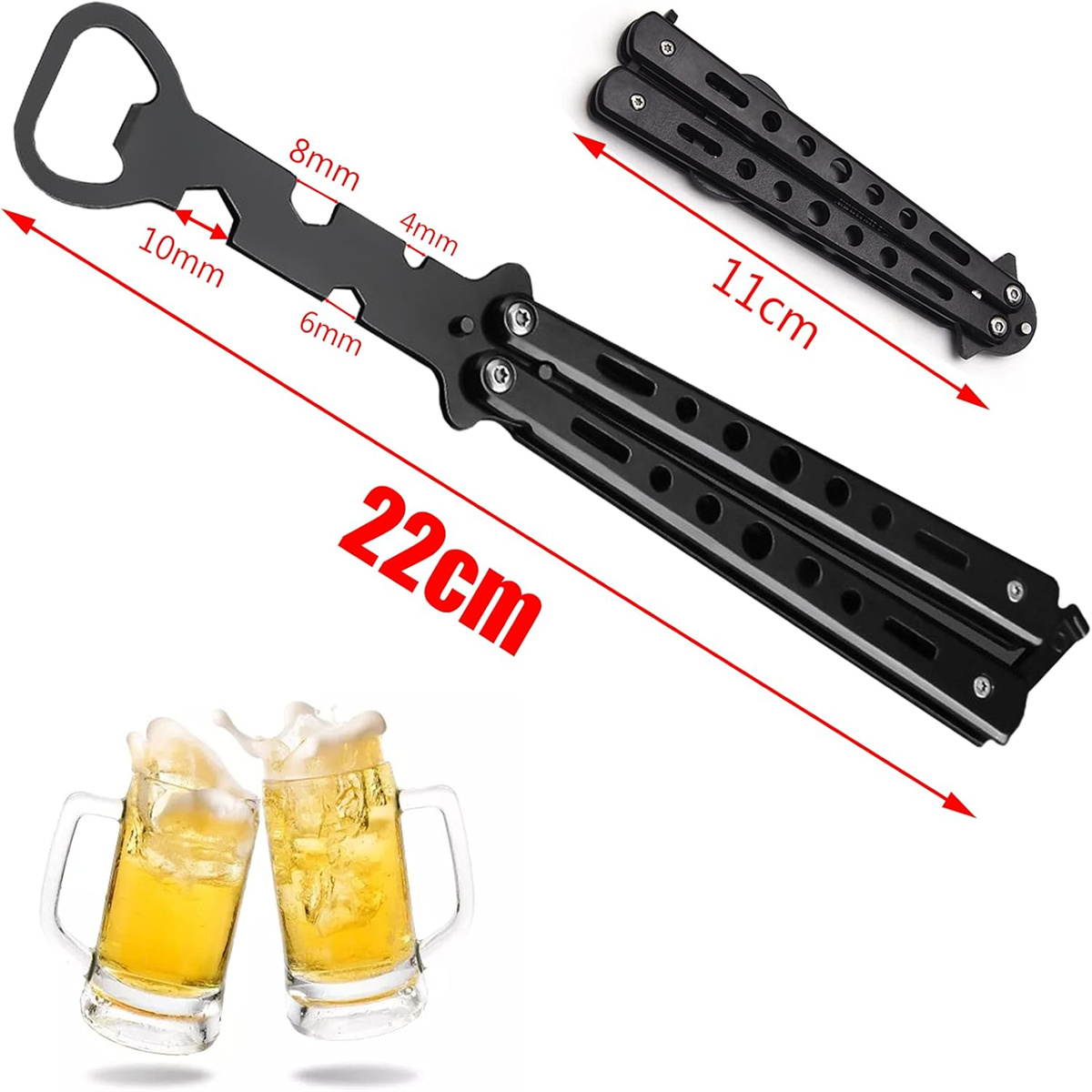 Schwarzes Butterfly-Messer mit geöffneter/geschlossener Ansicht und Maßen. Zwei Biere in Krügen unten.