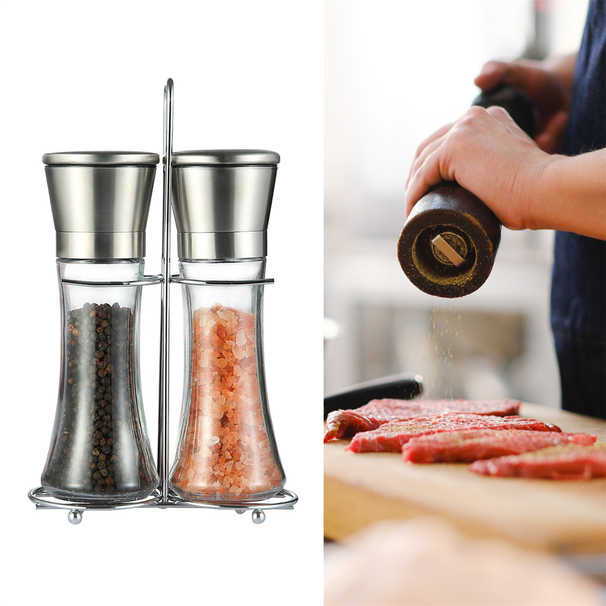 Salz- und Pfefferstreuer links, und jemand, der rechts Pfeffer mahlt, mit Fleisch.