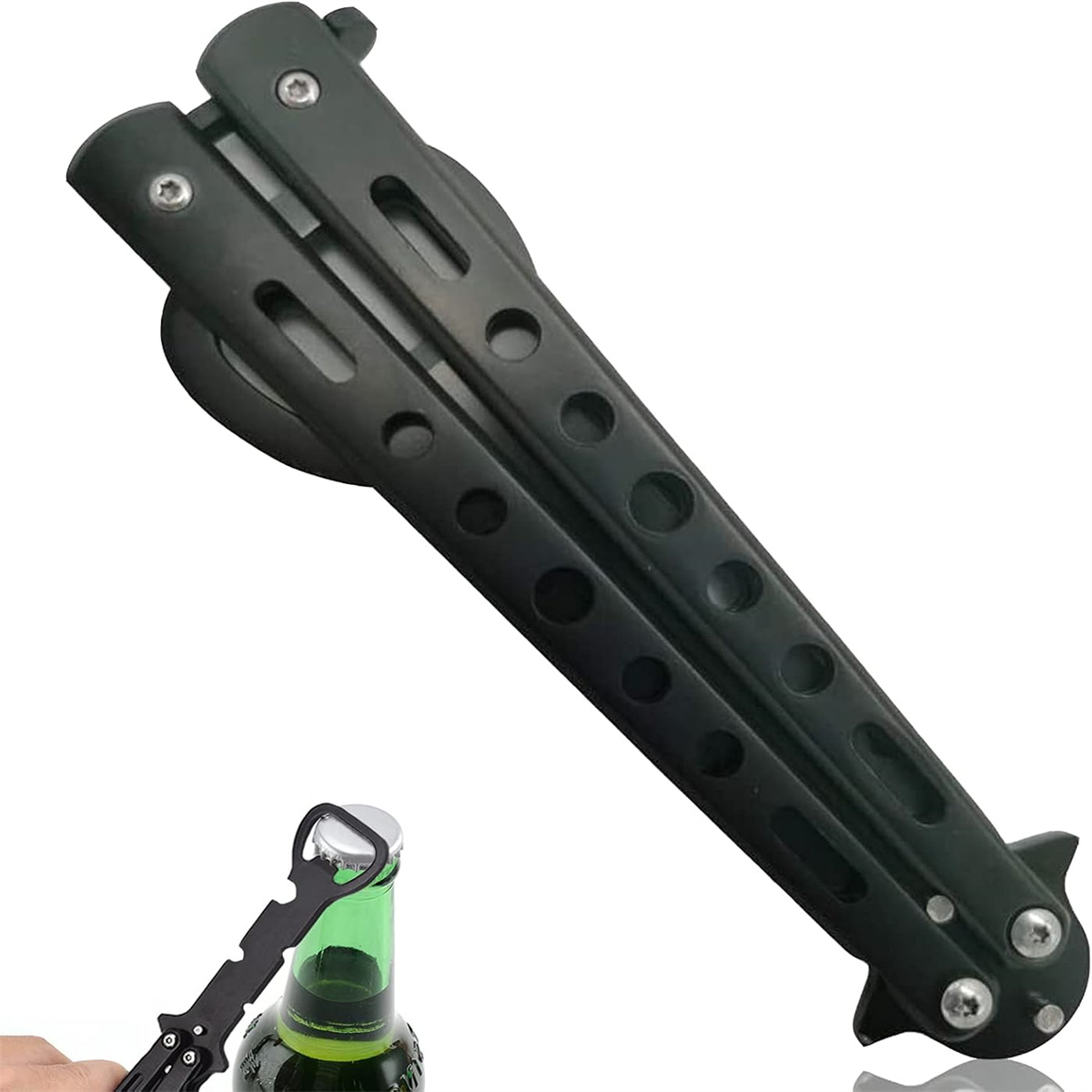 Schwarzes Butterfly-Messer, teilweise geöffnet. Flaschenöffner, der eine grüne Flasche öffnet.
