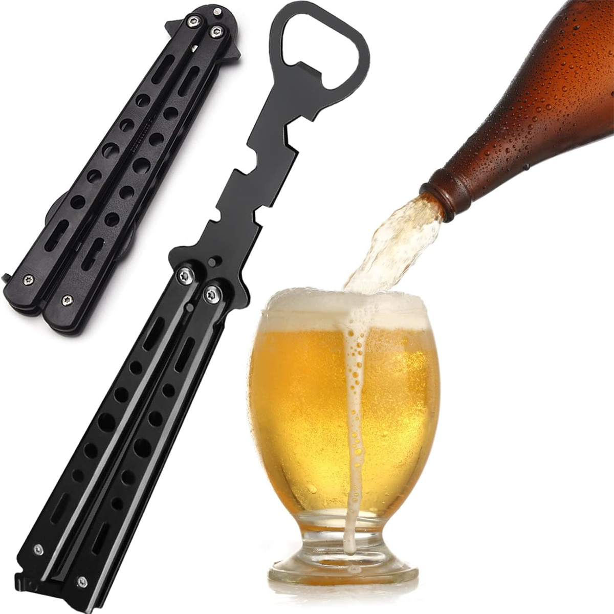Schwarzes Butterfly-Messer und Flaschenöffner neben einem Glas, das mit Bier gefüllt wird.