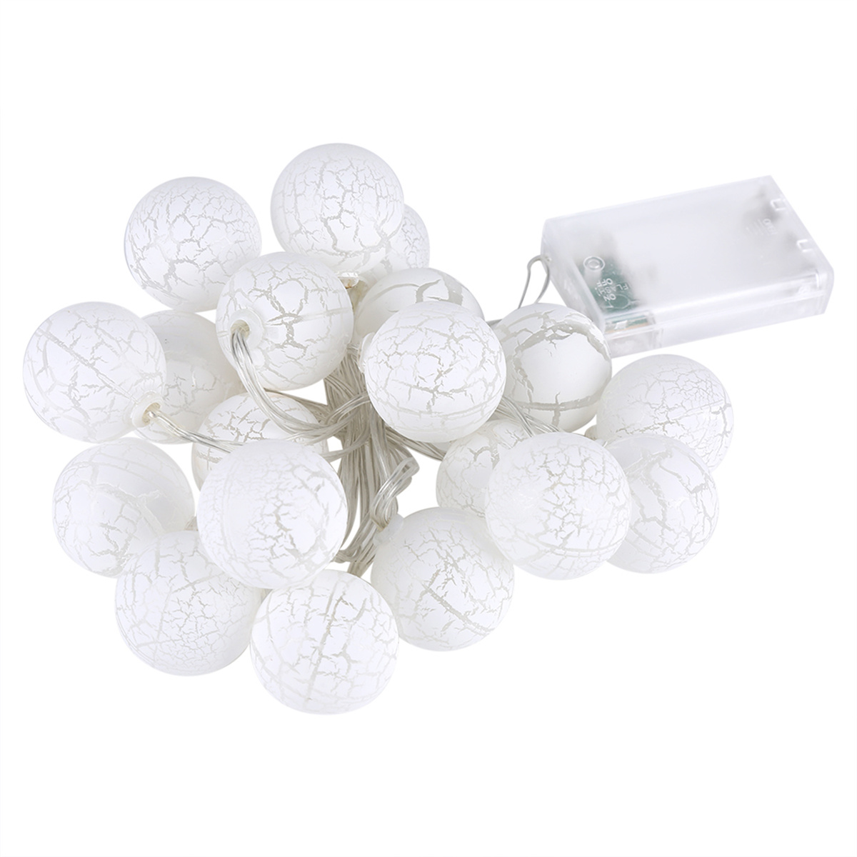 Eine Lichterkette mit weißen Crackle-Glas-Kugellampen und einem Akku.