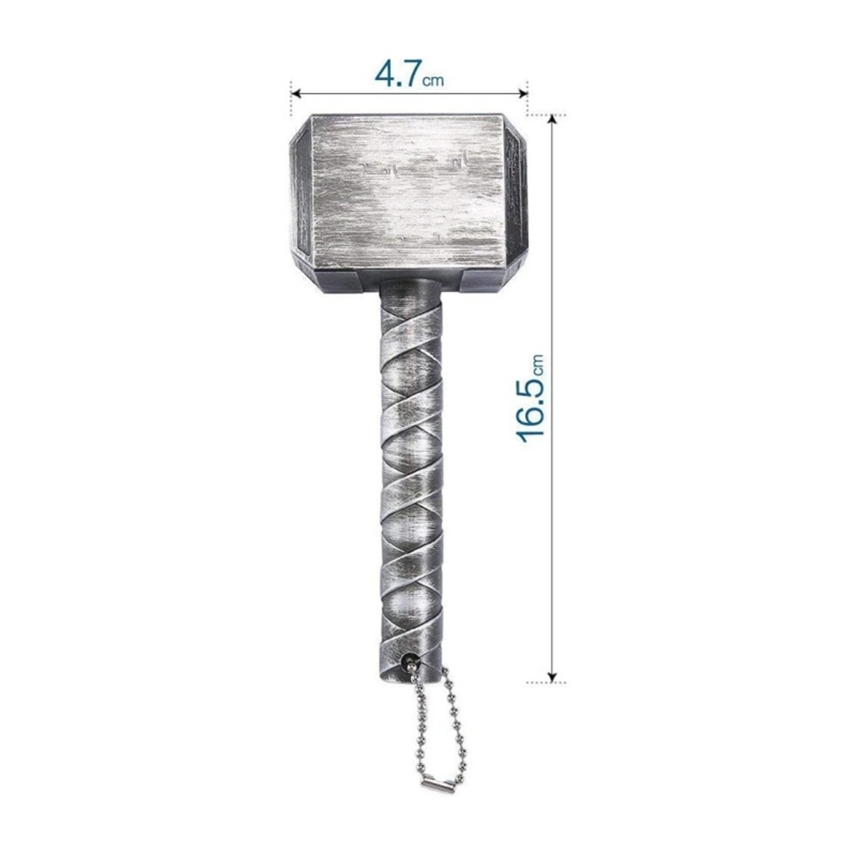 Silberner, hammerförmiger Flaschenöffner mit Abmessungen, weißer Hintergrund.