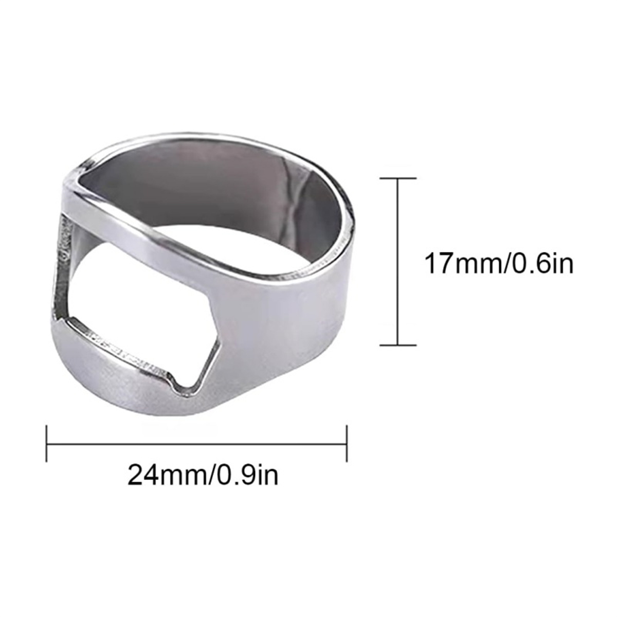 Silberner Ring-Flaschenöffner mit Maßangaben: 24 mm breit, 17 mm Durchmesser.