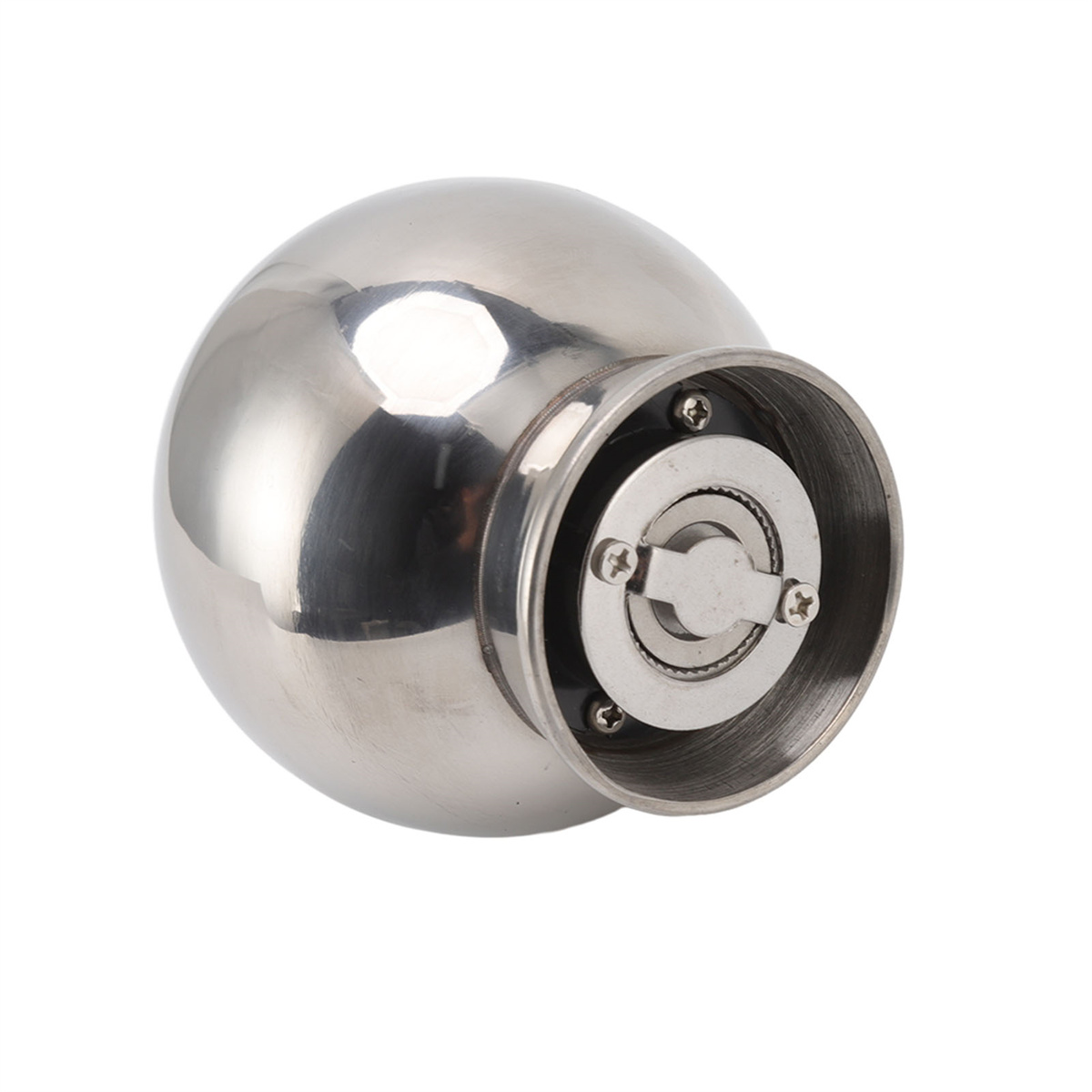Eine glänzende, metallische Kugel mit kreisförmiger Basis und Schraubmechanismus.