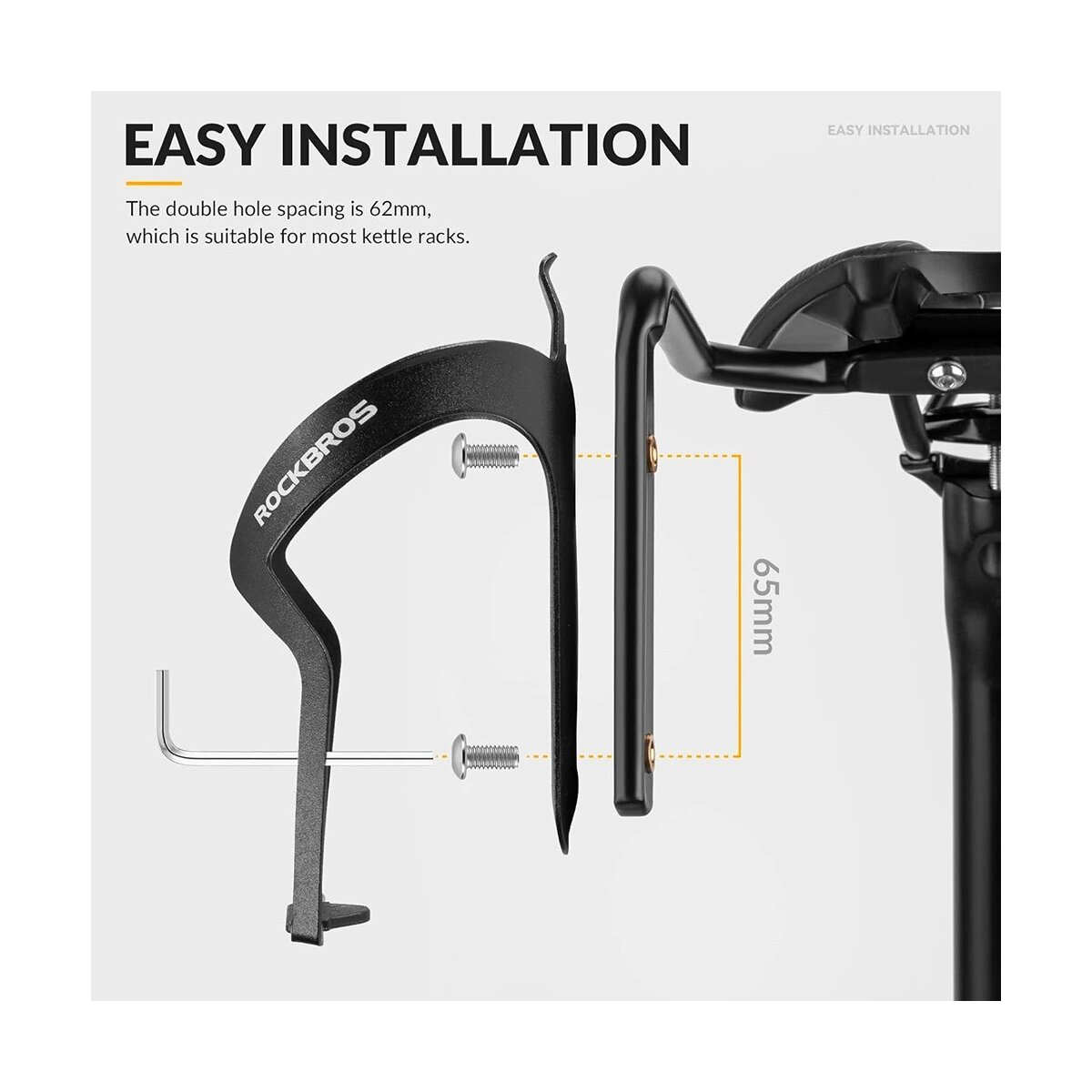 Ein schwarzer Fahrrad-Flaschenhalter und eine gelbe Messung, mit Schrauben und einem Inbusschlüssel. Einfache Installation.