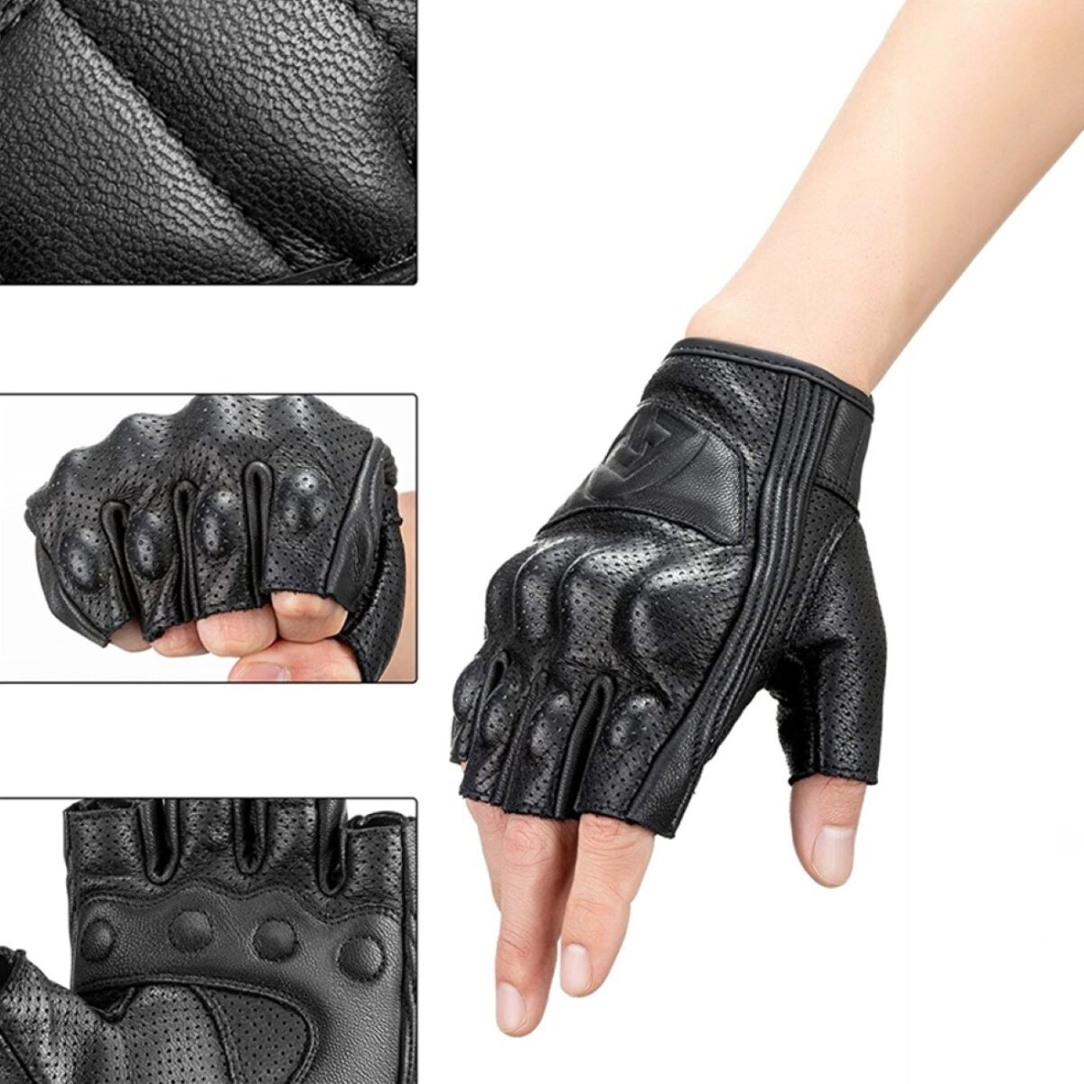 Schwarze Motorradhandschuhe mit fingerlosem Design und Schutzkissen. Verschiedene Nahaufnahmen.