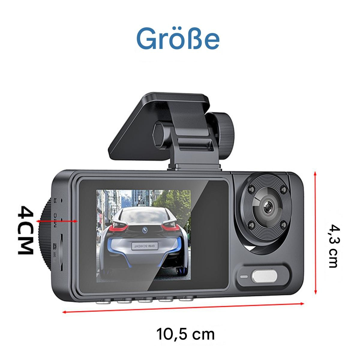 Auto-Dashcam mit Größenangaben: 4cm Höhe, 10,5cm Breite, 4,3cm Tiefe. Autobild auf dem Bildschirm.