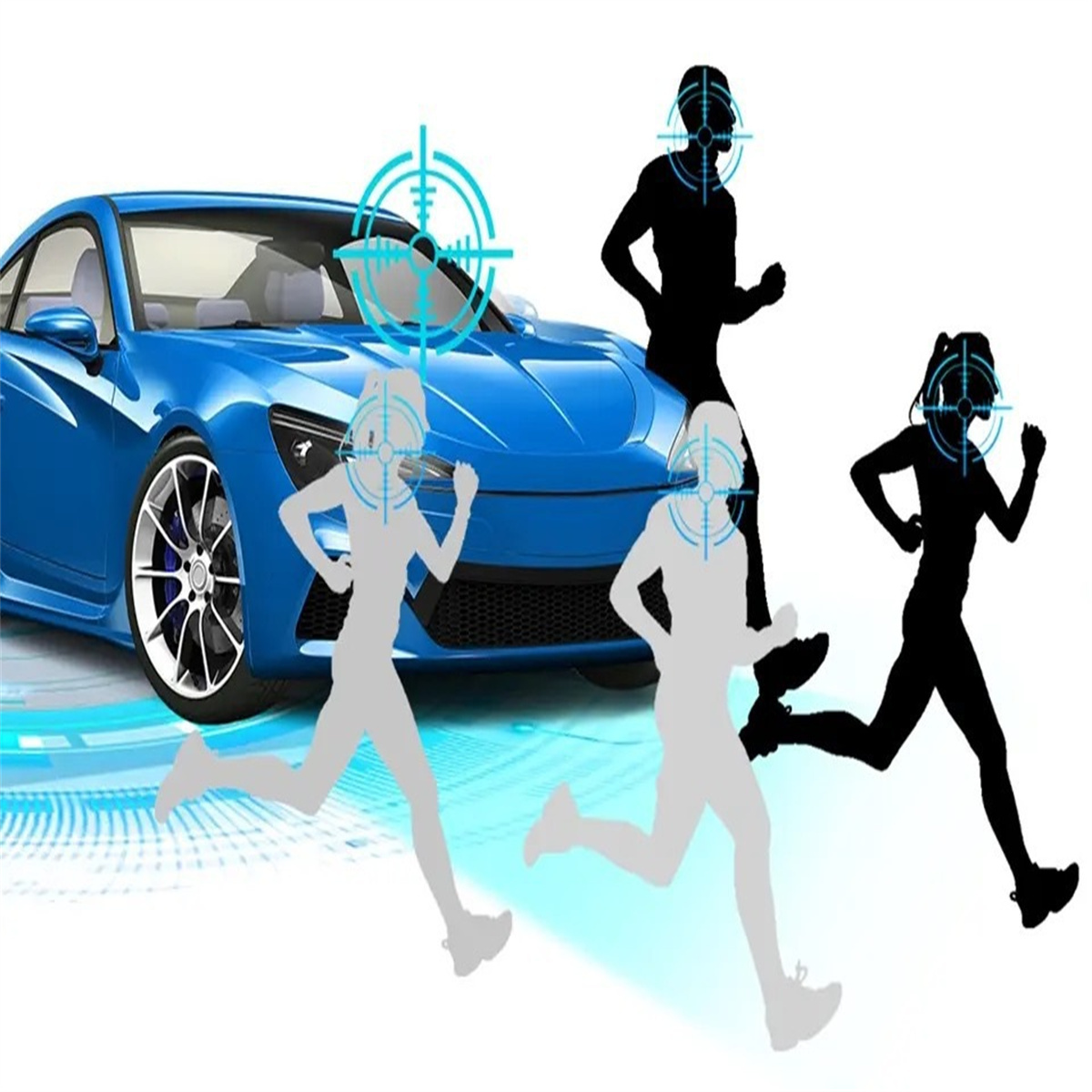 Ein blaues Auto mit laufenden Personensilhouetten und Zielmarkierungen auf ihren Köpfen.